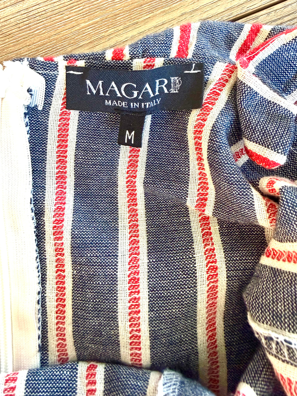 inside tags on Made in Italy Cotton Linen Stripe Wide-Leg Jumpsuit — Denim Blue, Red & White | Pom-Pom Trim | Size M at Blue Sparrow Shop 