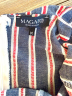 inside tags on Made in Italy Cotton Linen Stripe Wide-Leg Jumpsuit — Denim Blue, Red & White | Pom-Pom Trim | Size M at Blue Sparrow Shop 