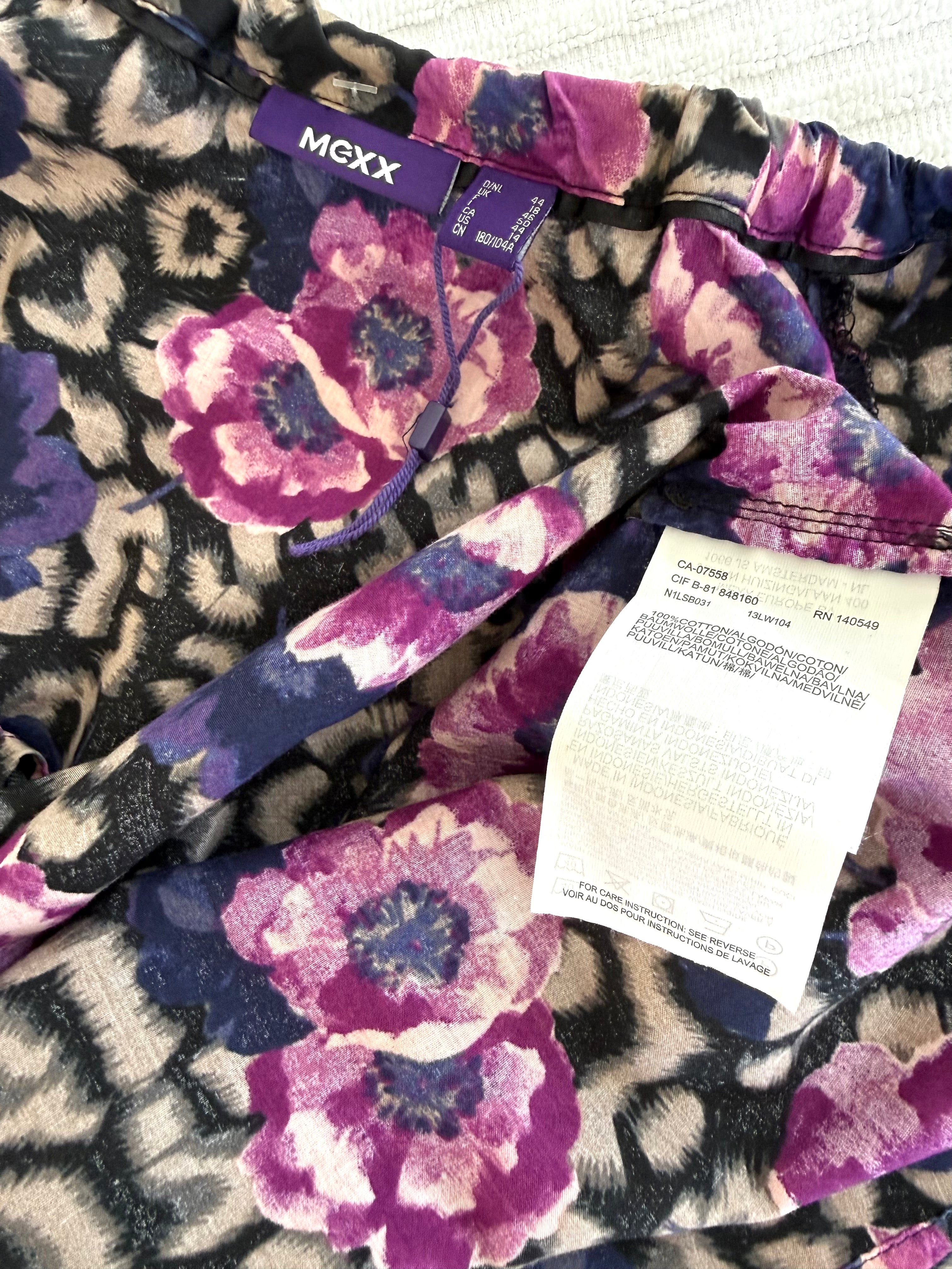 inside tags on Mexx 100% Cotton Floral Leopard Mixed Print Blouse — Purple, Violet and Black | Peasant Style | Size L (US 14) at Blue Sparrow Shop

