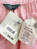 inside tags on NWT Denver Hayes 100% Cotton Pink Stripe Peasant Blouse — Gathered Neck | 3/4 Sleeve | Size S at Blue Sparrow Shop