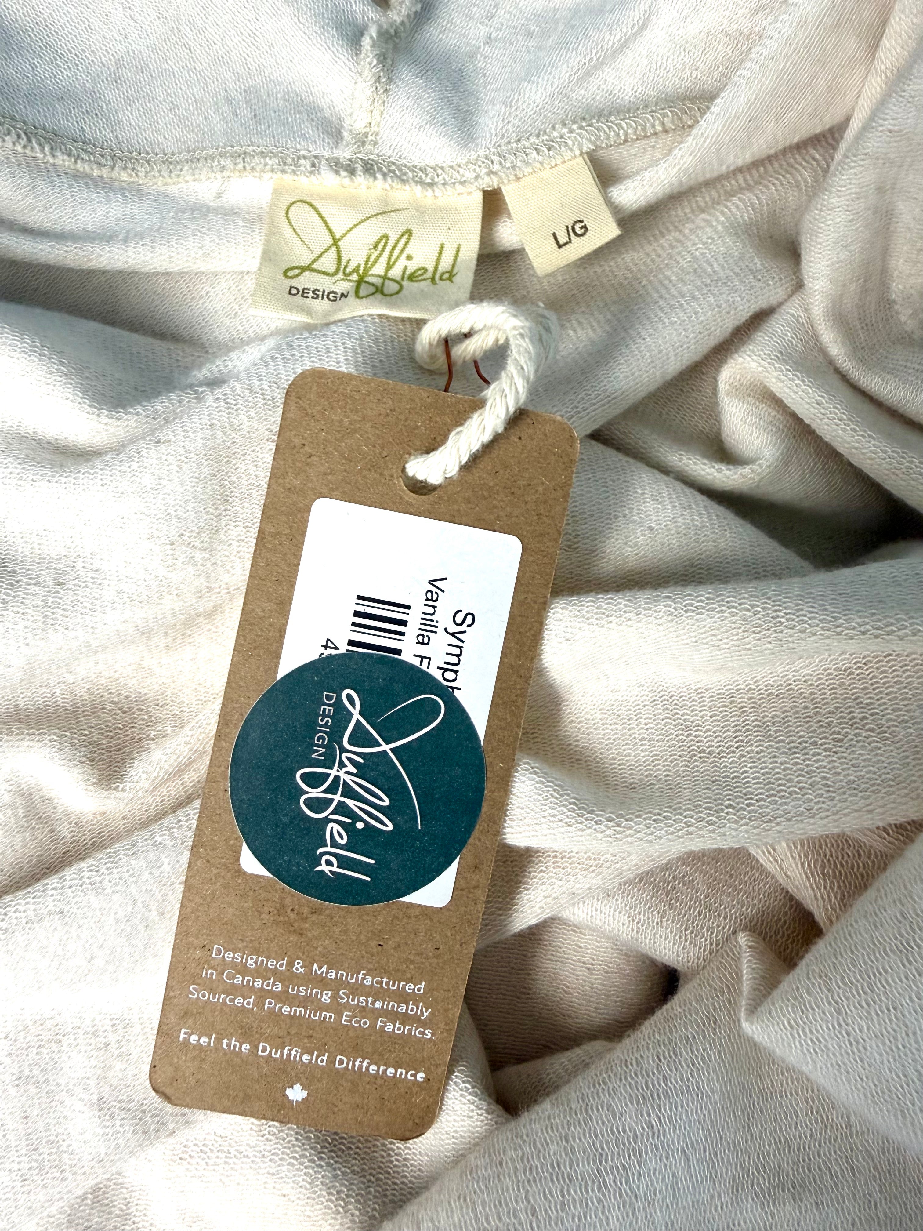 inside tags on NWT Duffield Design Bamboo Cotton Waterfall Cardigan | Size L at Blue Sparrow Shop
