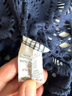 inside tags on Navy Boho Crochet Open Front Cardigan | Size S at Blue Sparrow Shop measuring 18" sleeve 