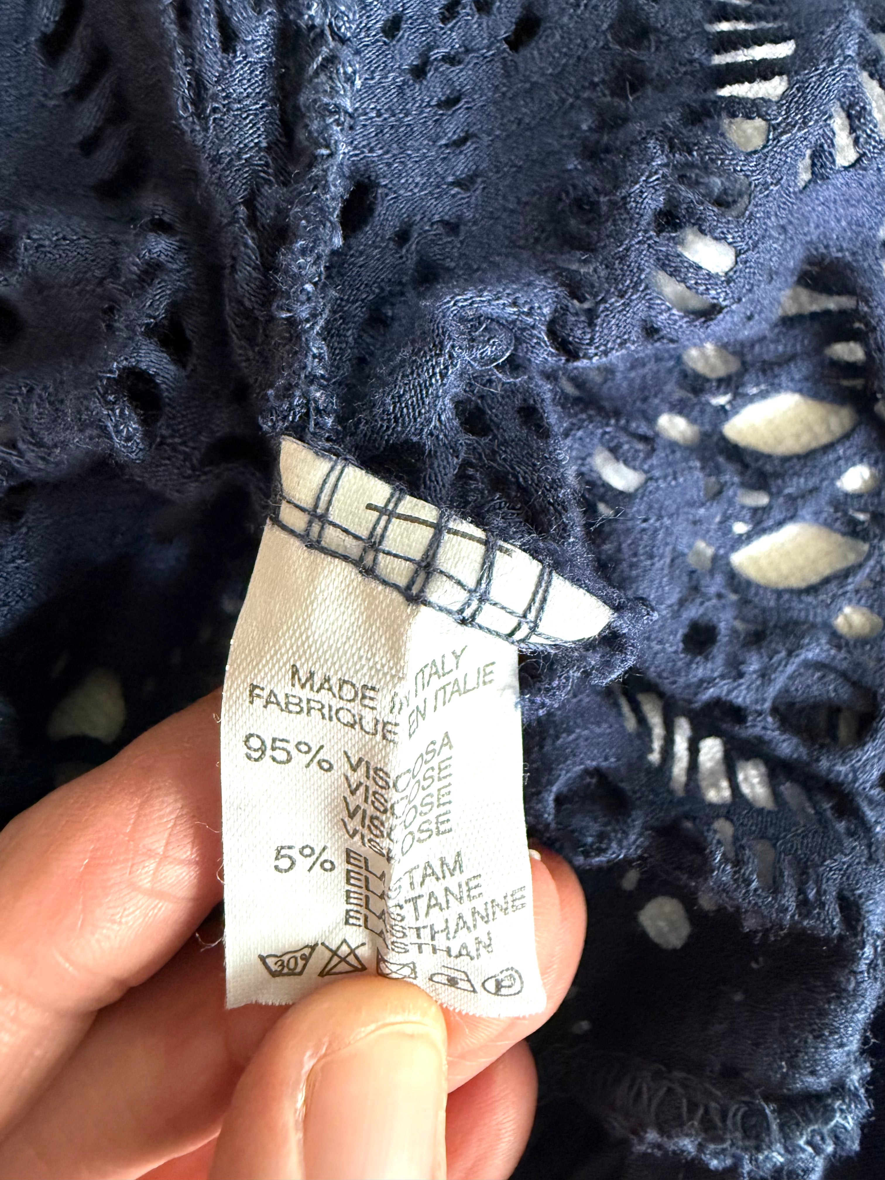 inside tags on Navy Boho Crochet Open Front Cardigan | Size S at Blue Sparrow Shop measuring 18" sleeve 