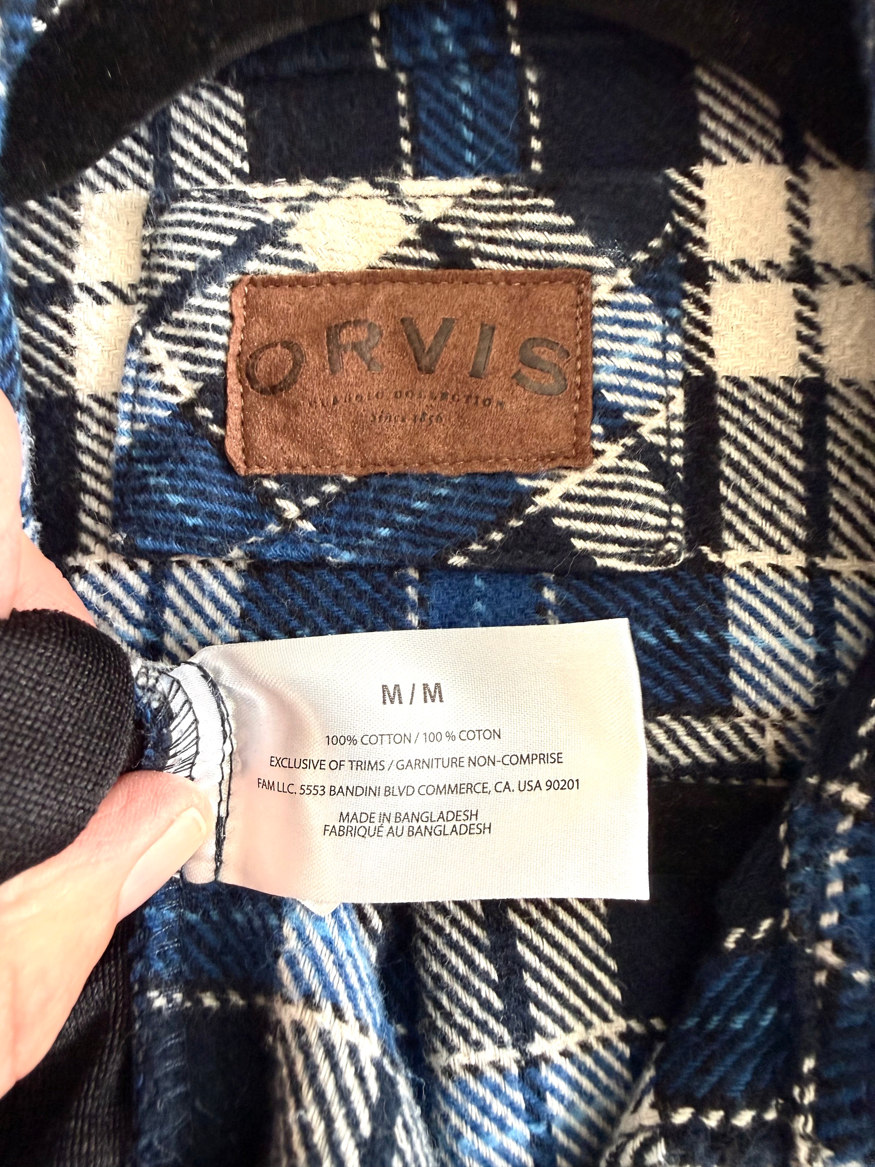 inside tags on Orvis 100% Cotton Plaid Shacket | Mens M