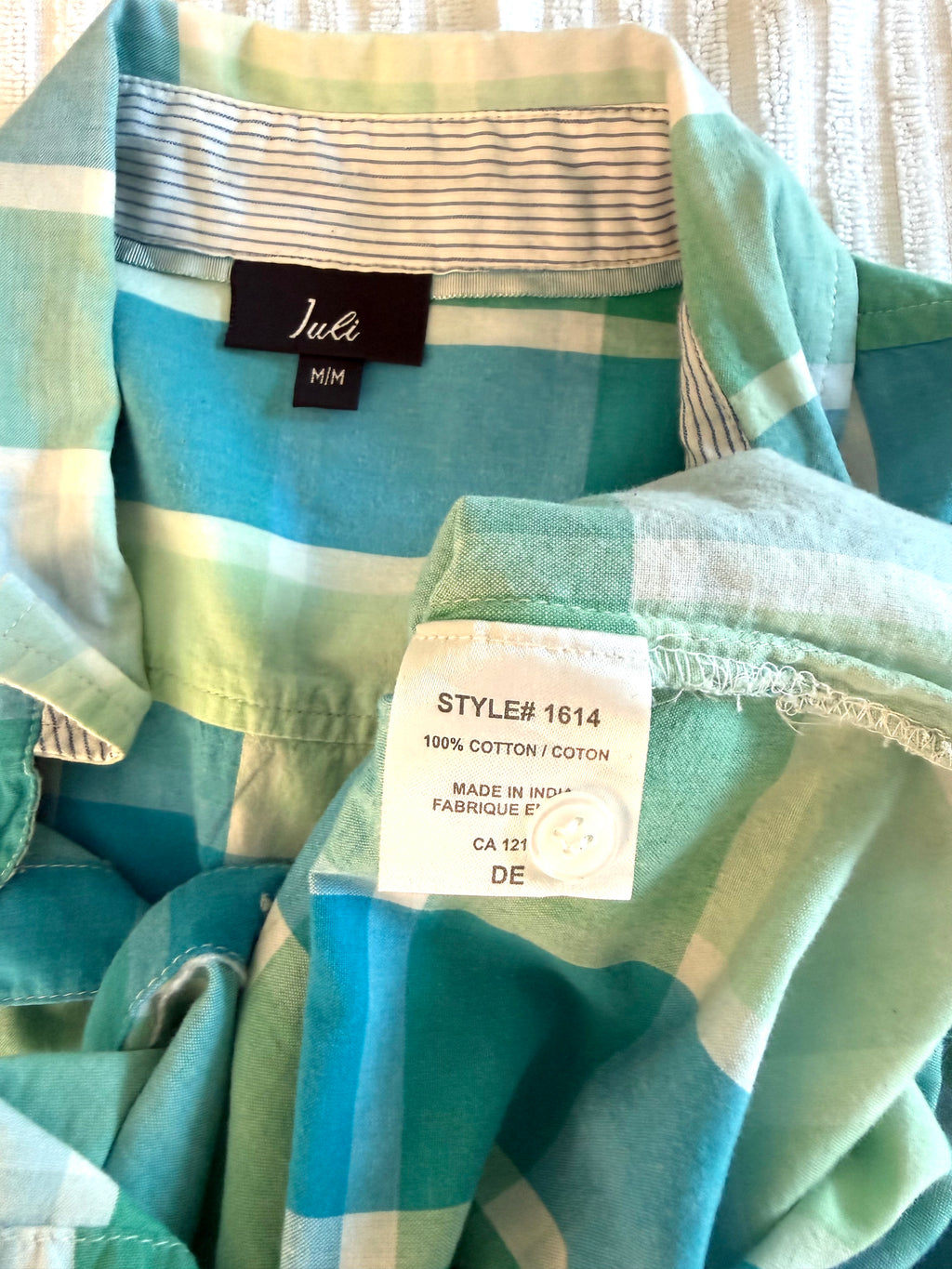 inside tags on Resale 100% Cotton Juli Plaid Button Front Shirt | Aqua Coastal Casual Top at Blue Sparrow Shop 
