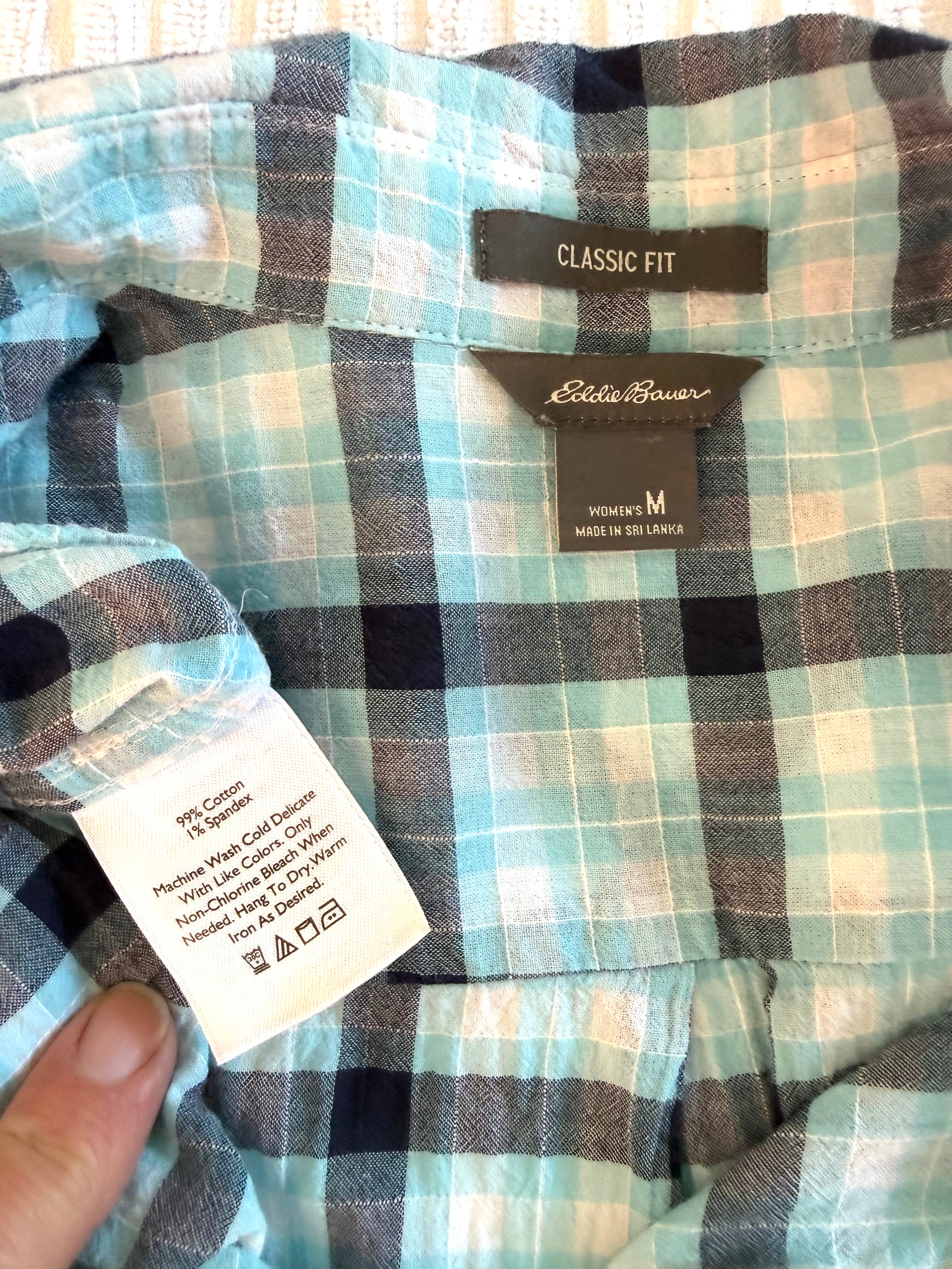 inside tags on Resale 99% Cotton Eddie Bauer Plaid Button Front Shirt at Blue Sparrow Shop