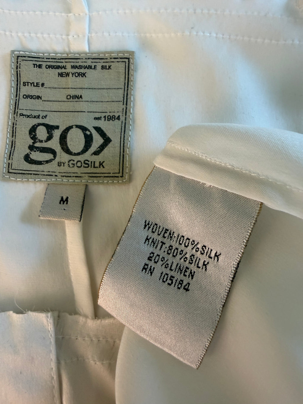 inside tags on Resale Go Silk Washable Silk Long Sleeve Blouse at Blue Sparrow Shop