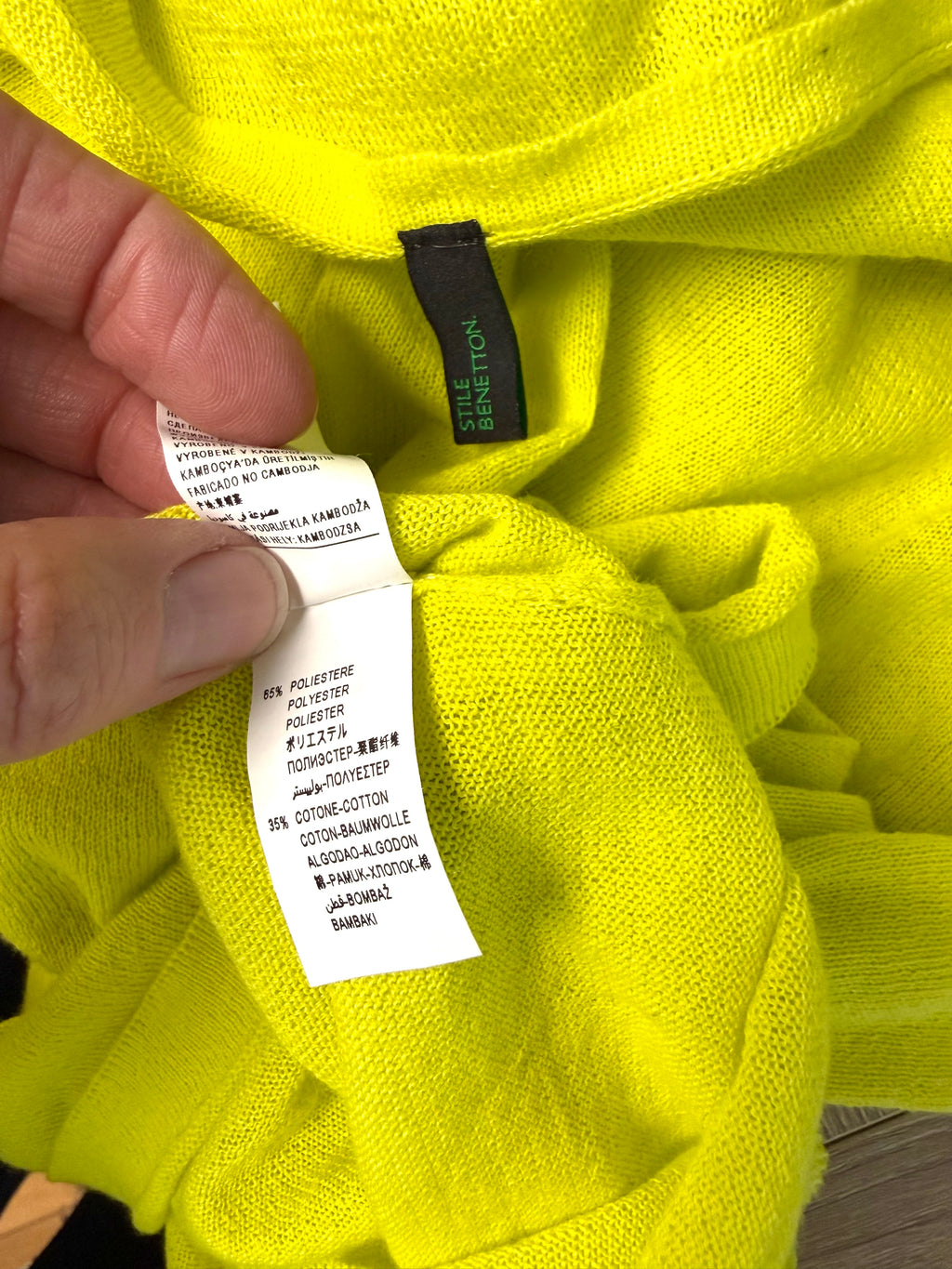 inside tags on Stile Benetton — Bright Yellow Cap Sleeve Knit Top, Size M at Blue Sparrow Shop