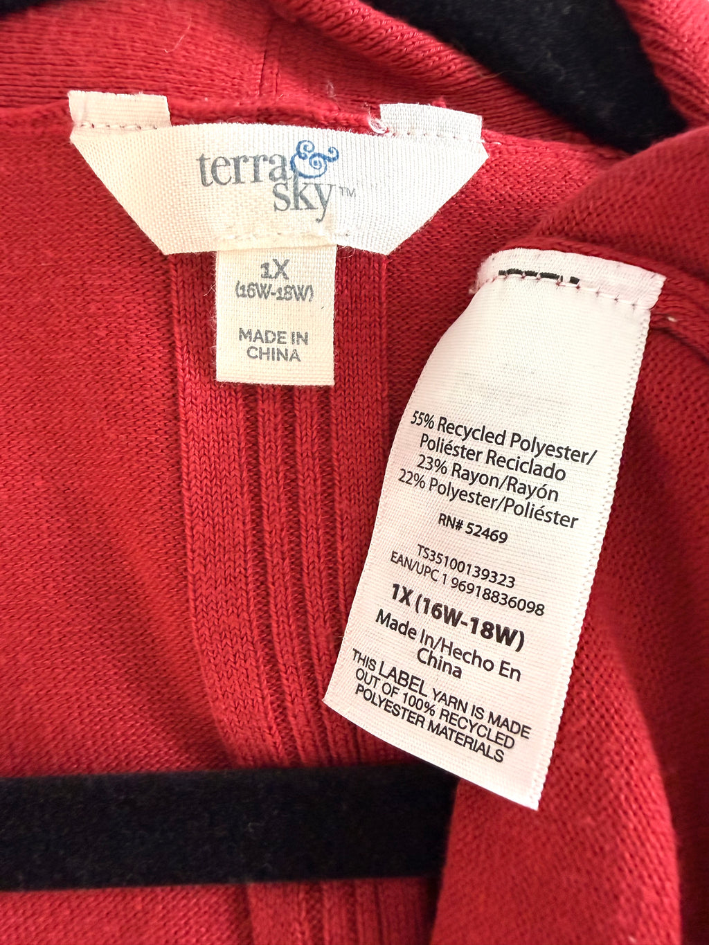inside tags on Terra & Sky Relaxed Fit Recycled Cardigan | Size 1X