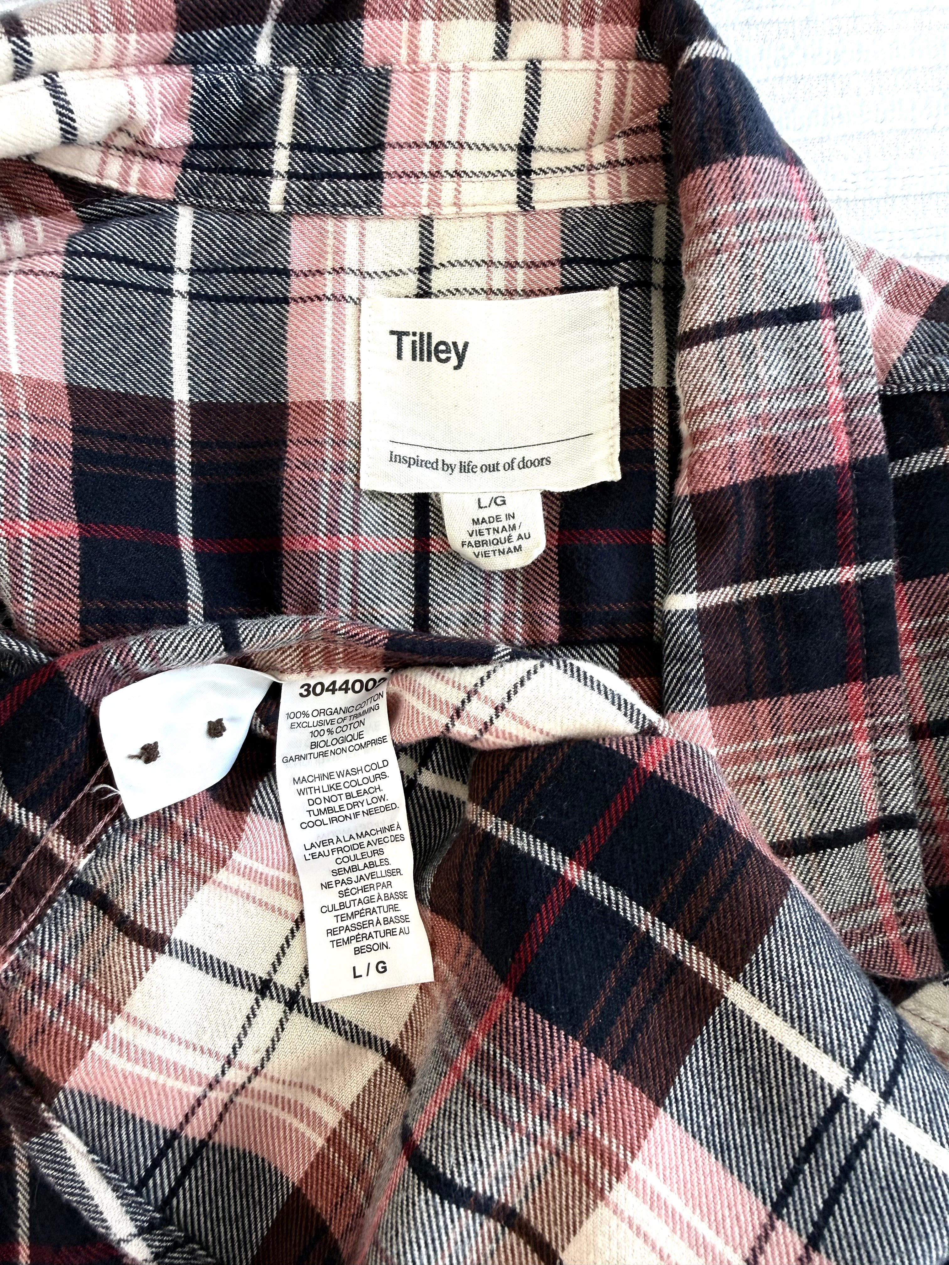 inside tags on  Tilley Organic Cotton Plaid Shirt 