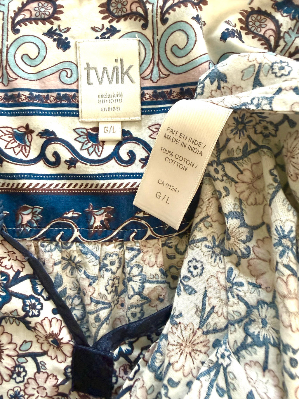 inside tags on Twik by Simons 100% Cotton Floral Paisley Boho Blouse — Navy & Blush Border Print | Size L at Blue Sparrow Shop  