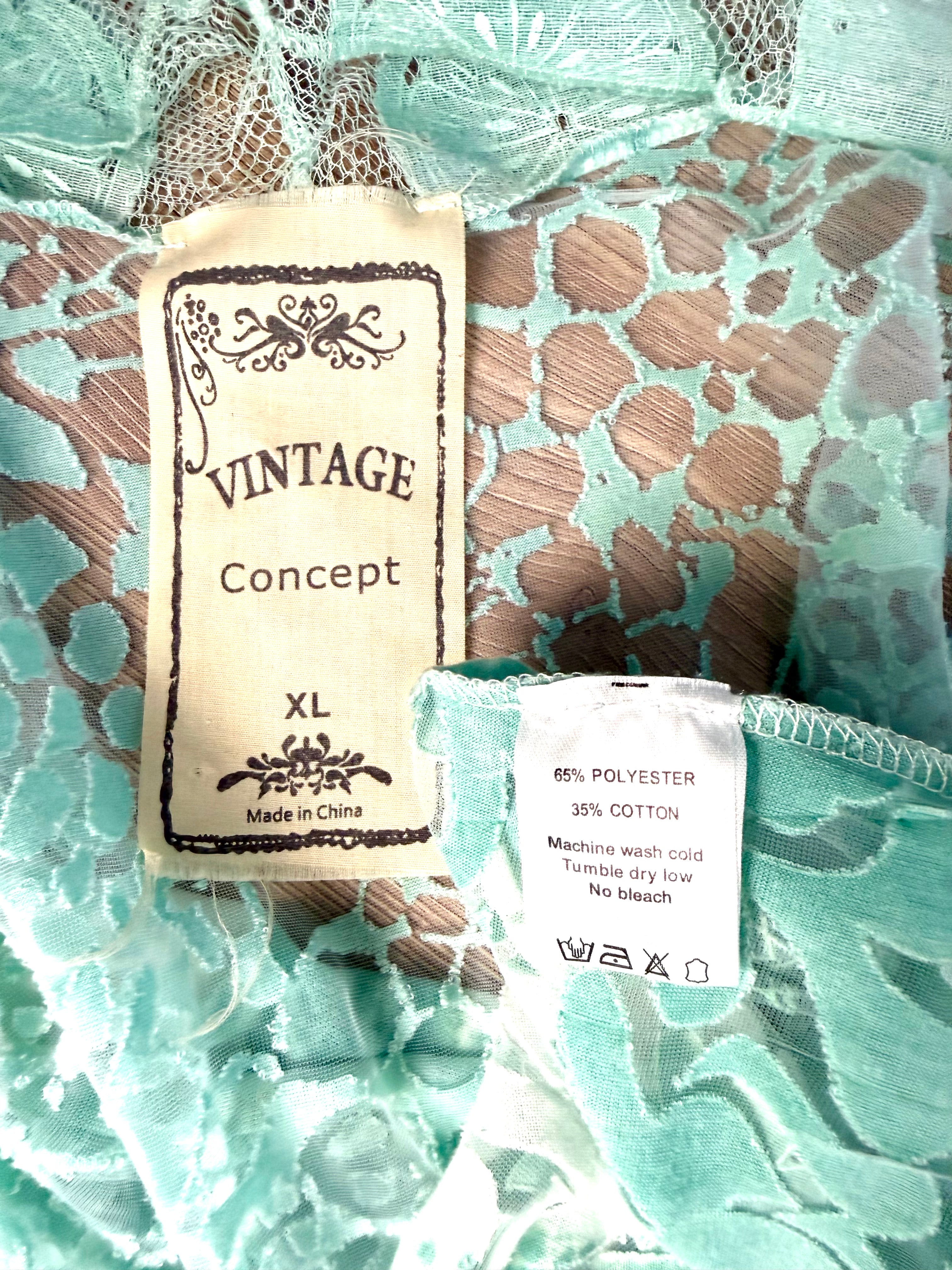 inside tags on Vintage Concept — Cotton Blend Mint Lace Print Open Cardigan, Size XL at Blue Sparrow Shop 