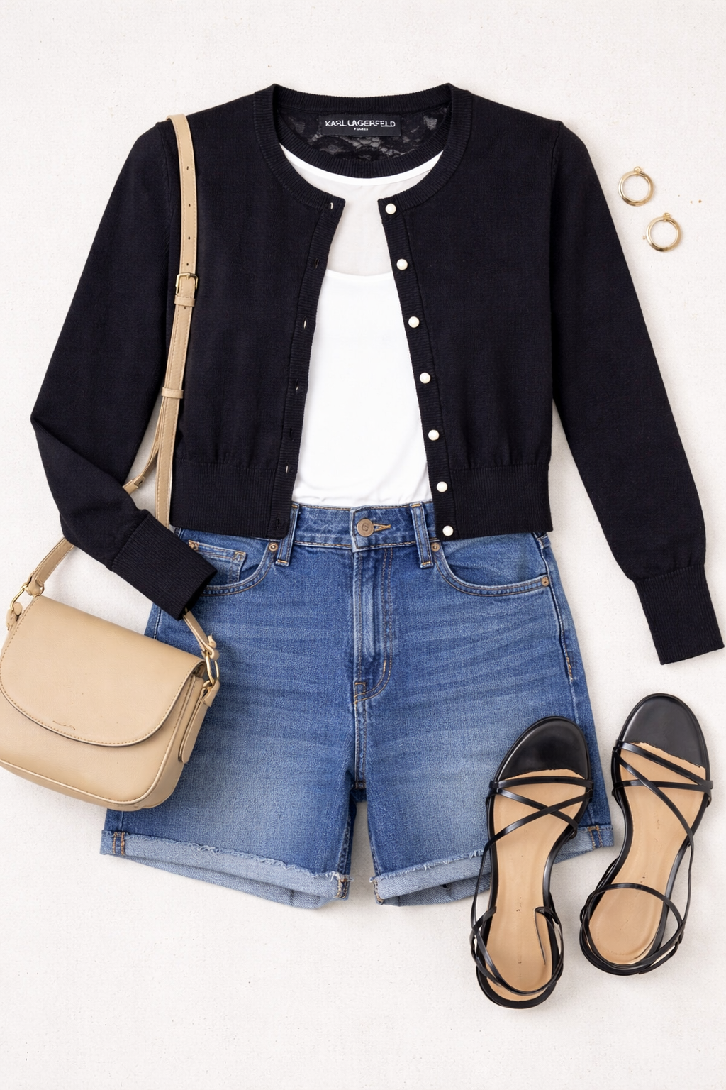 Karl Lagerfeld Paris Cardigan with Lace Back | Size S at Blue Sparrow Shop on flatlay with jean shorts, sandals, purse