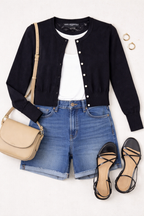 Karl Lagerfeld Paris Cardigan with Lace Back | Size S at Blue Sparrow Shop on flatlay with jean shorts, sandals, purse