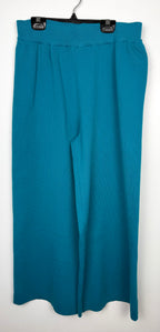 knit pants part of Teal Peacock Print 2-Piece Knit Set — Wide-Leg Pants + Draped Top, Size XL at Blue Sparrow Shop