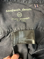 label inside Sandwich Denim Studio Amsterdam charcoal 100% Tencel shirt with stunning hand-applied blue crystal collar embellishment and ruffle cuff detail at Blue Sparrow Shop