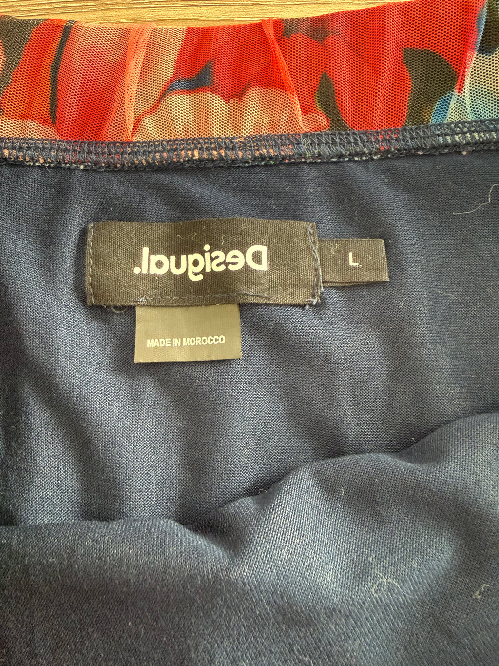 label inside boho desigual skirt showing it is clothing made in morocco
