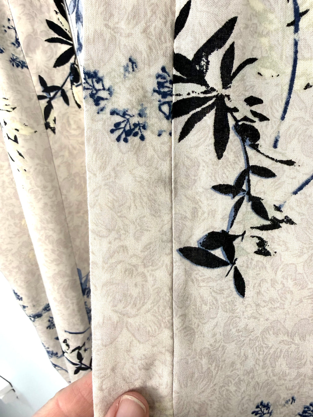 lapel detail Neutral beige floral print cardigan blue botanical pattern lightweight rayon women office layering top