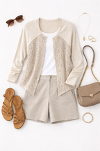 leather_front_cardigan_at_Blue_Sparrow_Shop flatlay with purse, shorts, sandals, sunglasses