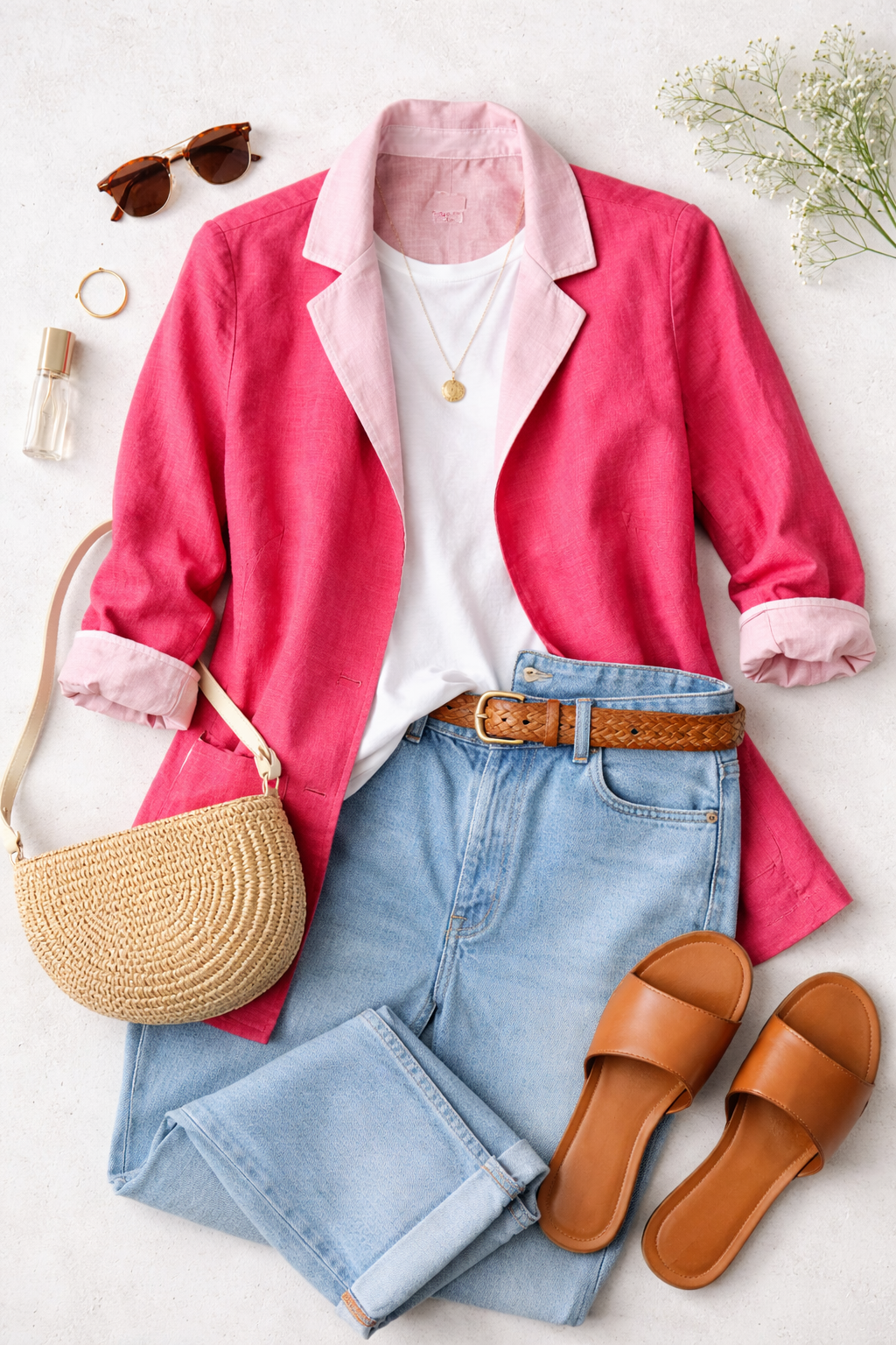 lifestyle flatlay of Reversible Linen Jacket  in 2 shades of pink | Size M/L at Blue Sparrow Shop with sandals, purse, jeans, sunglasses