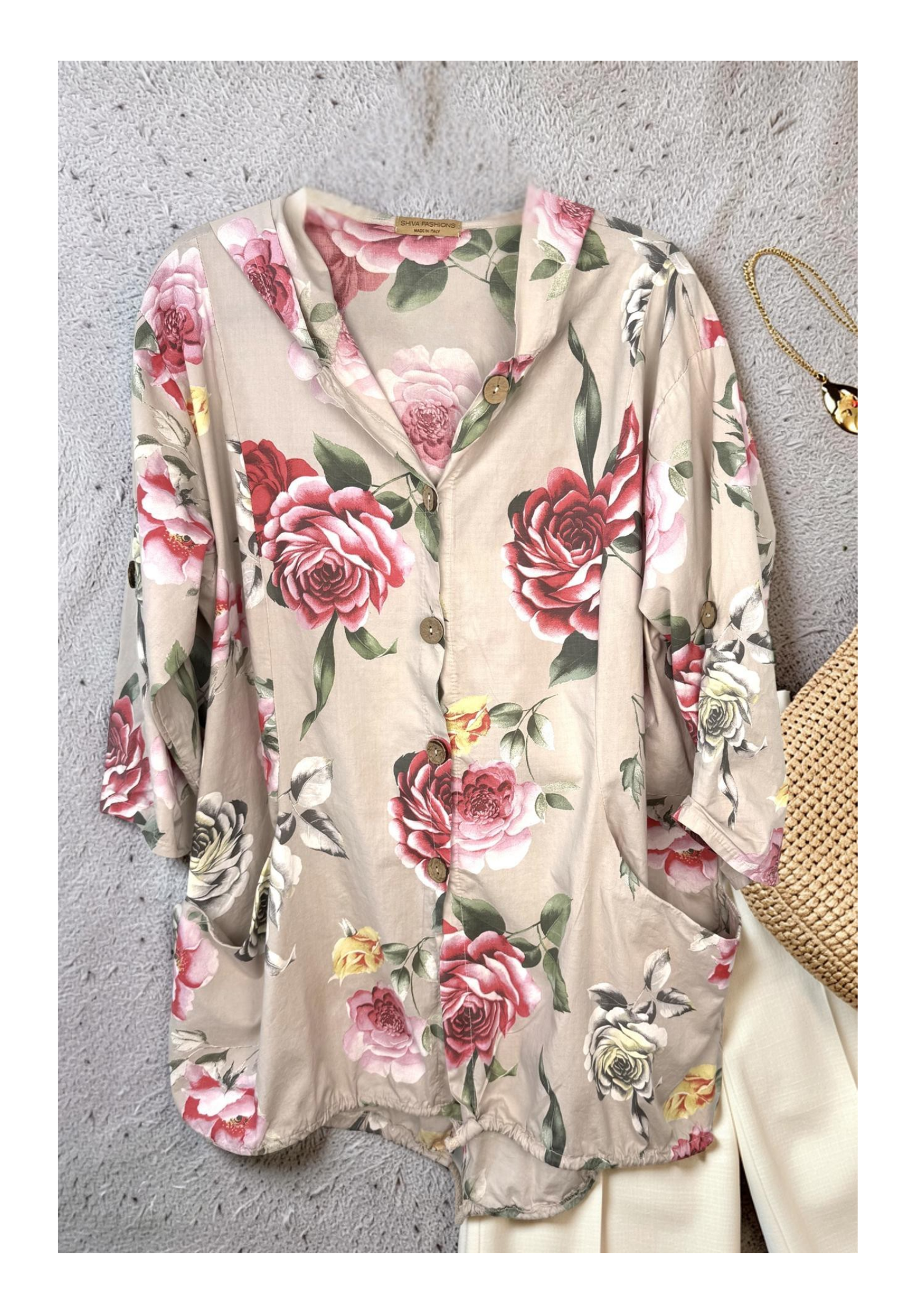 lifestyle photo of oversized floral cotton jacket 