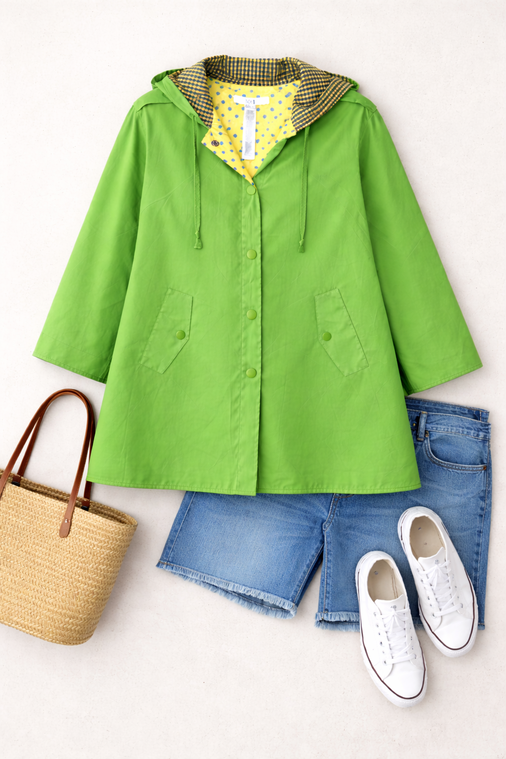 Hooded Rain Poncho | Size M at Blue Sparrow Shop flatlay with shoes, shorts, bag