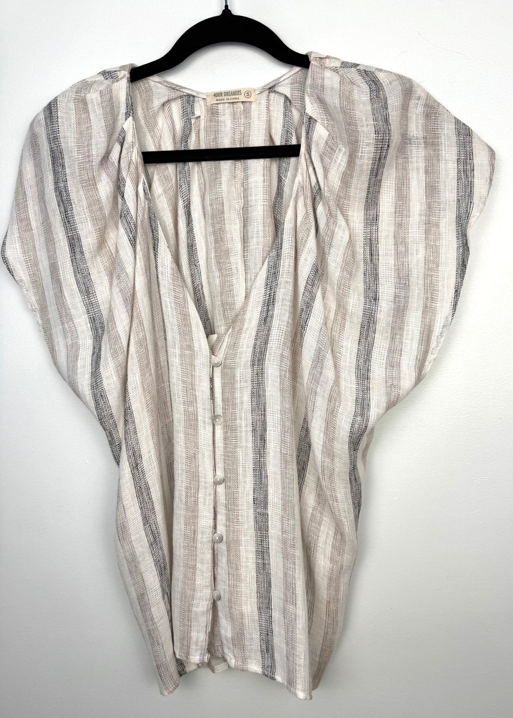 linen blend striped summer blouse button front coastal style top on hanger