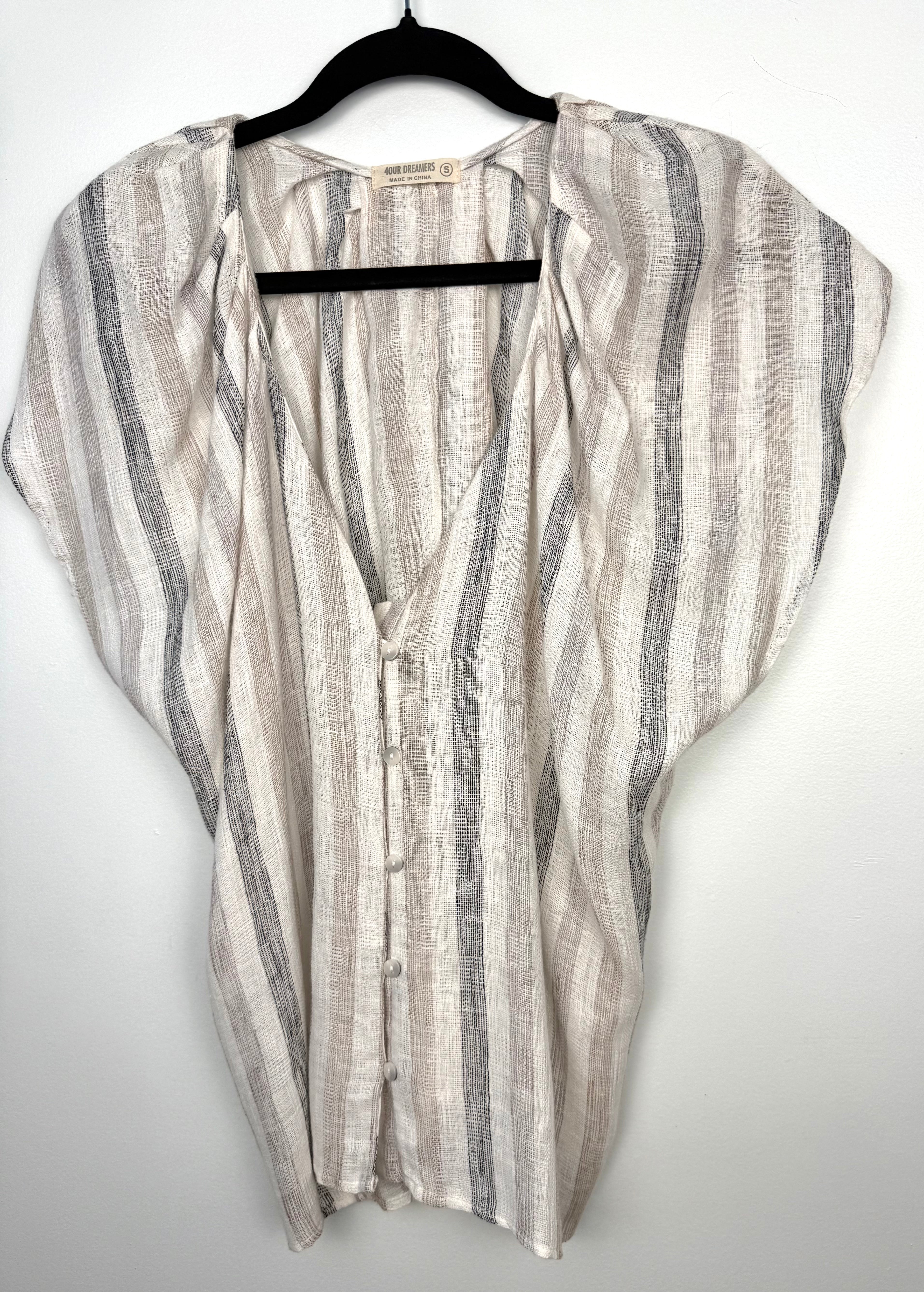 linen blend striped summer blouse button front coastal style top on hanger