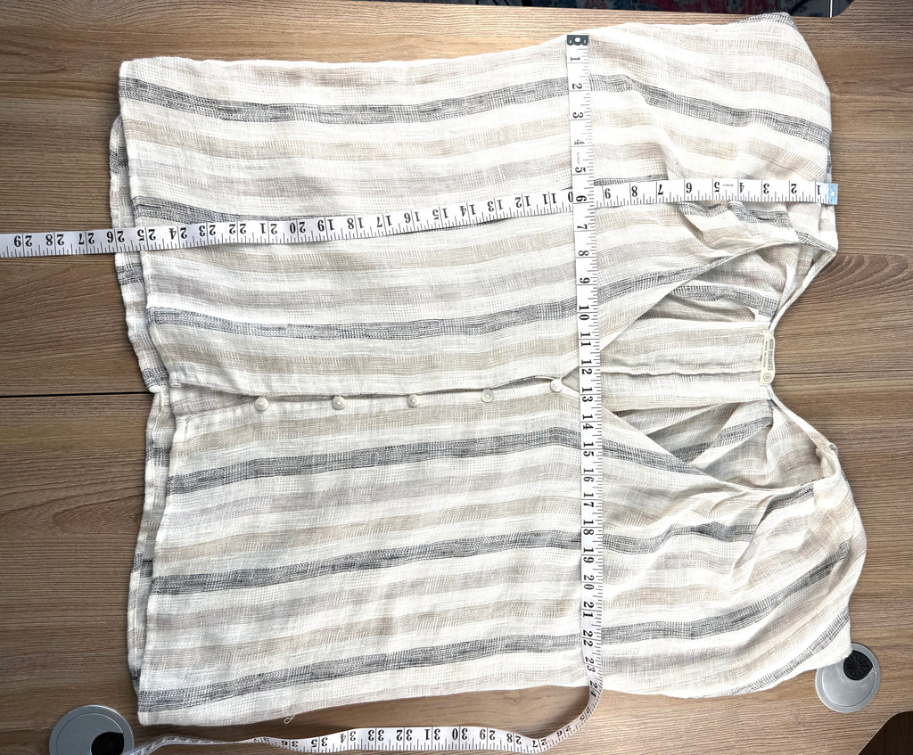 linen blend striped summer blouse button front coastal style top measuring 25" shoulder to hem and 48 bust 