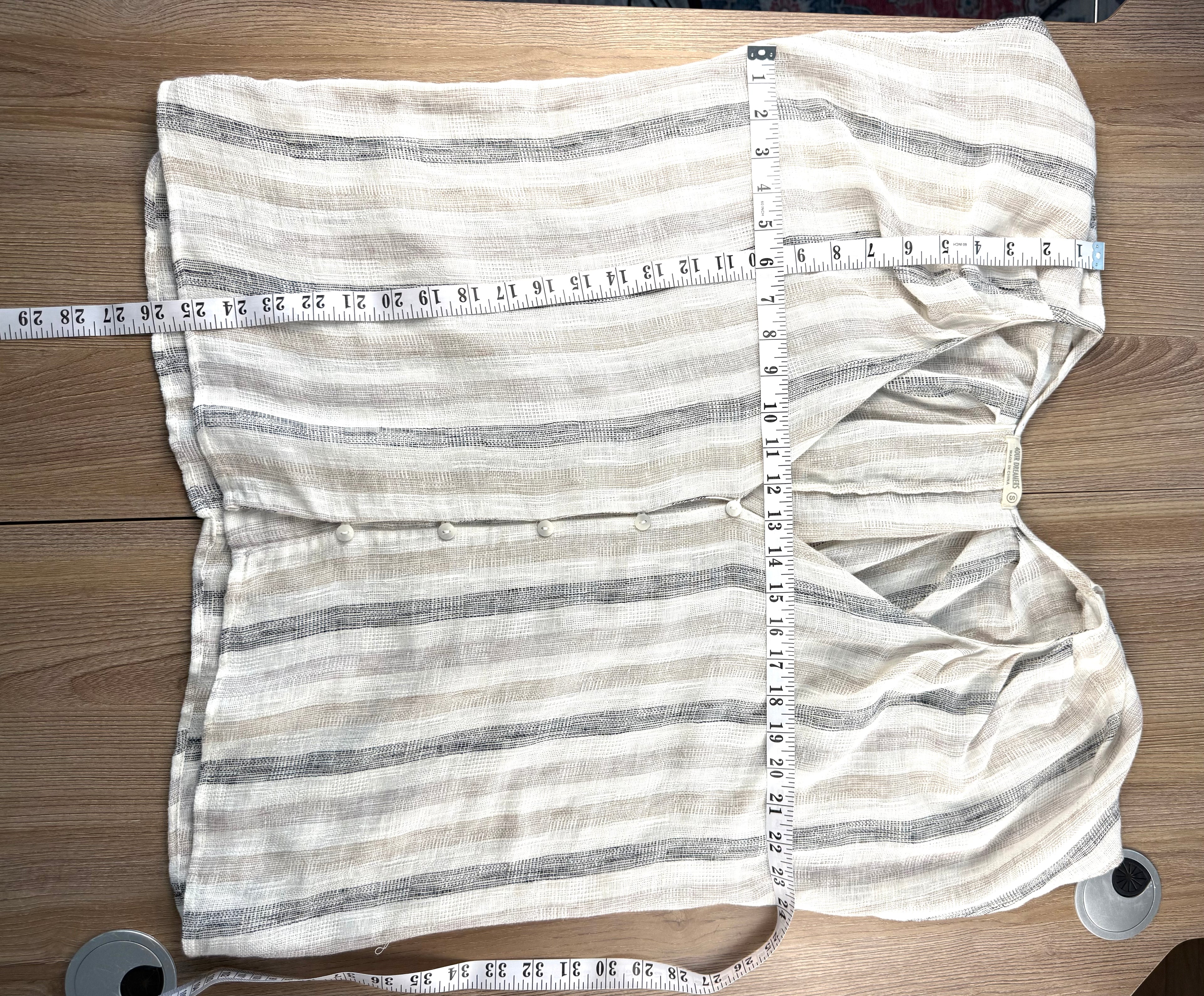 linen blend striped summer blouse button front coastal style top measuring 25" shoulder to hem and 48 bust 