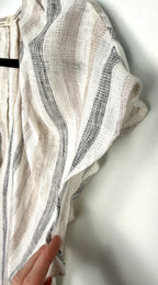 sleeve detail on linen blend striped summer blouse button front coastal style top