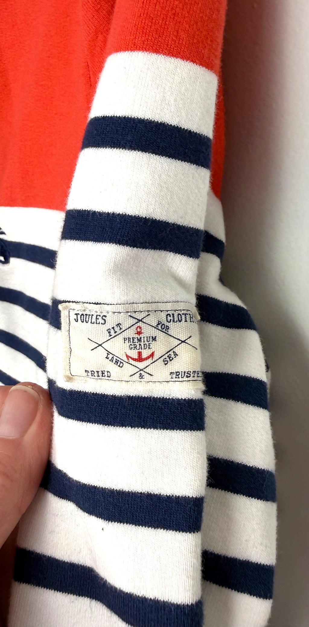 logo patch on arm of 98% Cotton Joules Nautical Breton Pullover | Size S at Blue Sparrow Shop