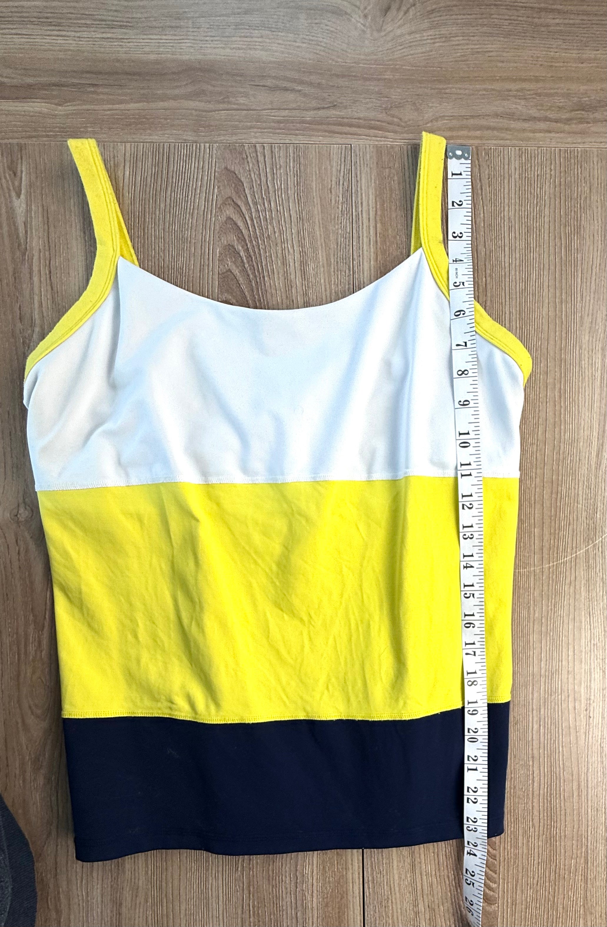 lululemon colour block tank showing measurement of 24" from shoulder to hem