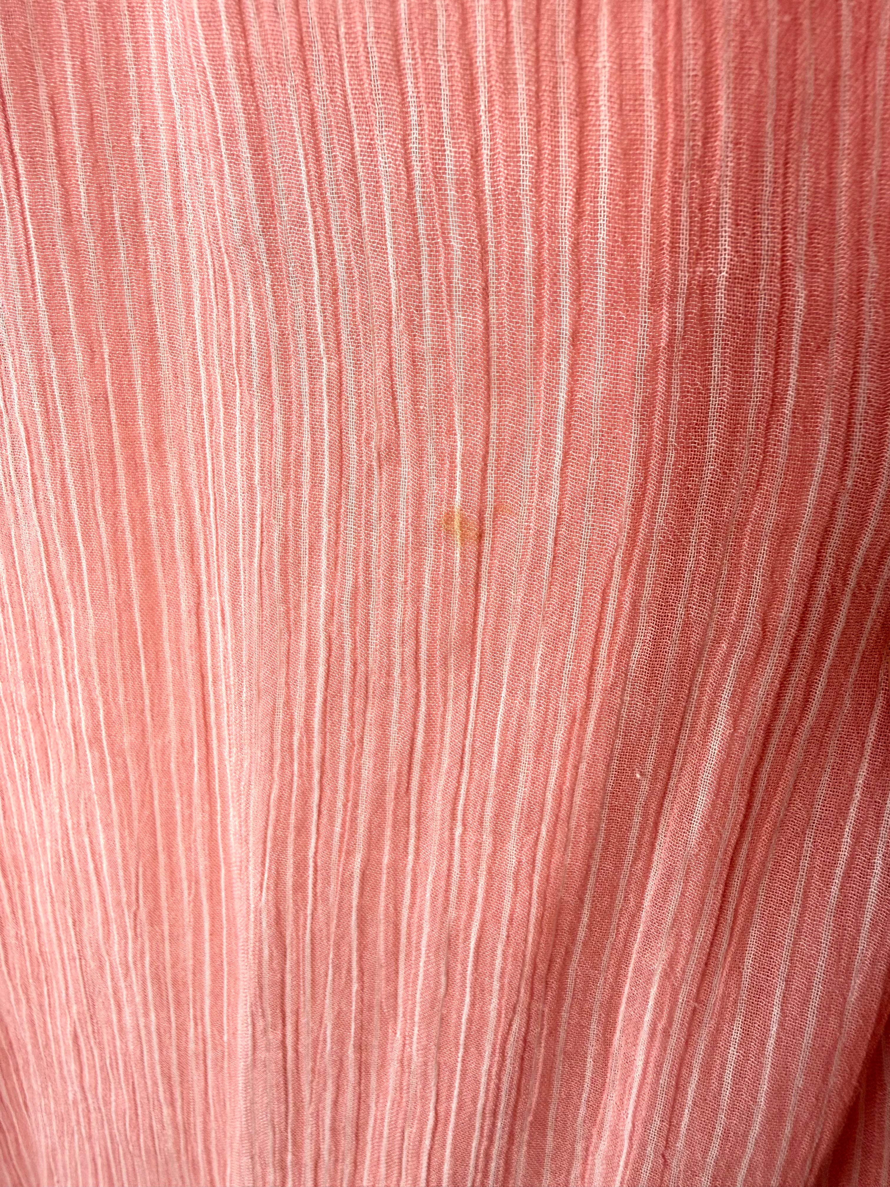 mark on back of NWT Denver Hayes 100% Cotton Pink Stripe Peasant Blouse — Gathered Neck | 3/4 Sleeve | Size S at Blue Sparrow Shop