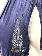 mesh detail on side of Navy Boho Crochet Open Front Cardigan | Size S at Blue Sparrow Shop