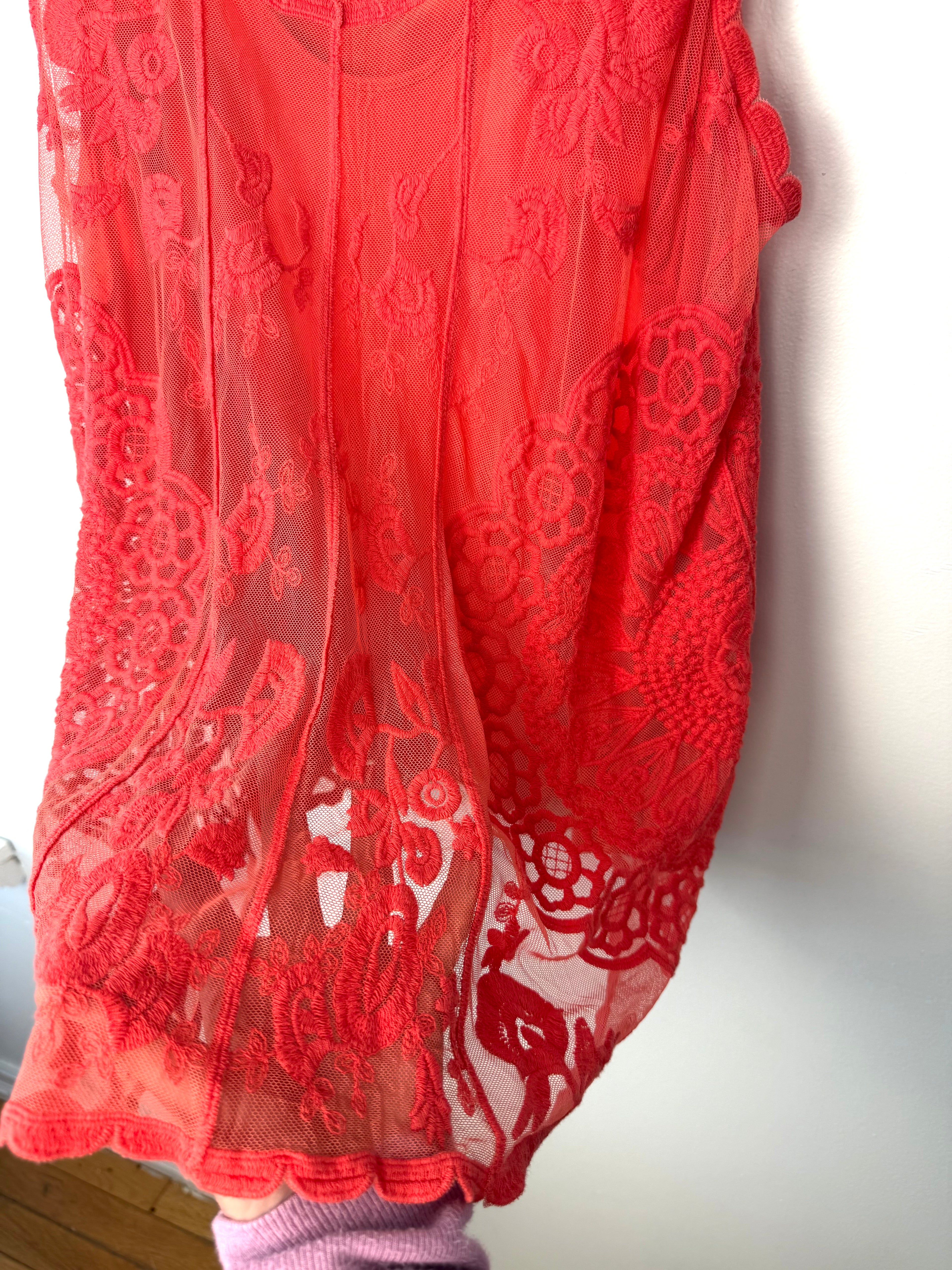 mesh overlay up close on Tribal Lace Overlay Sleeveless Top | Size L at Blue Sparrow Shop