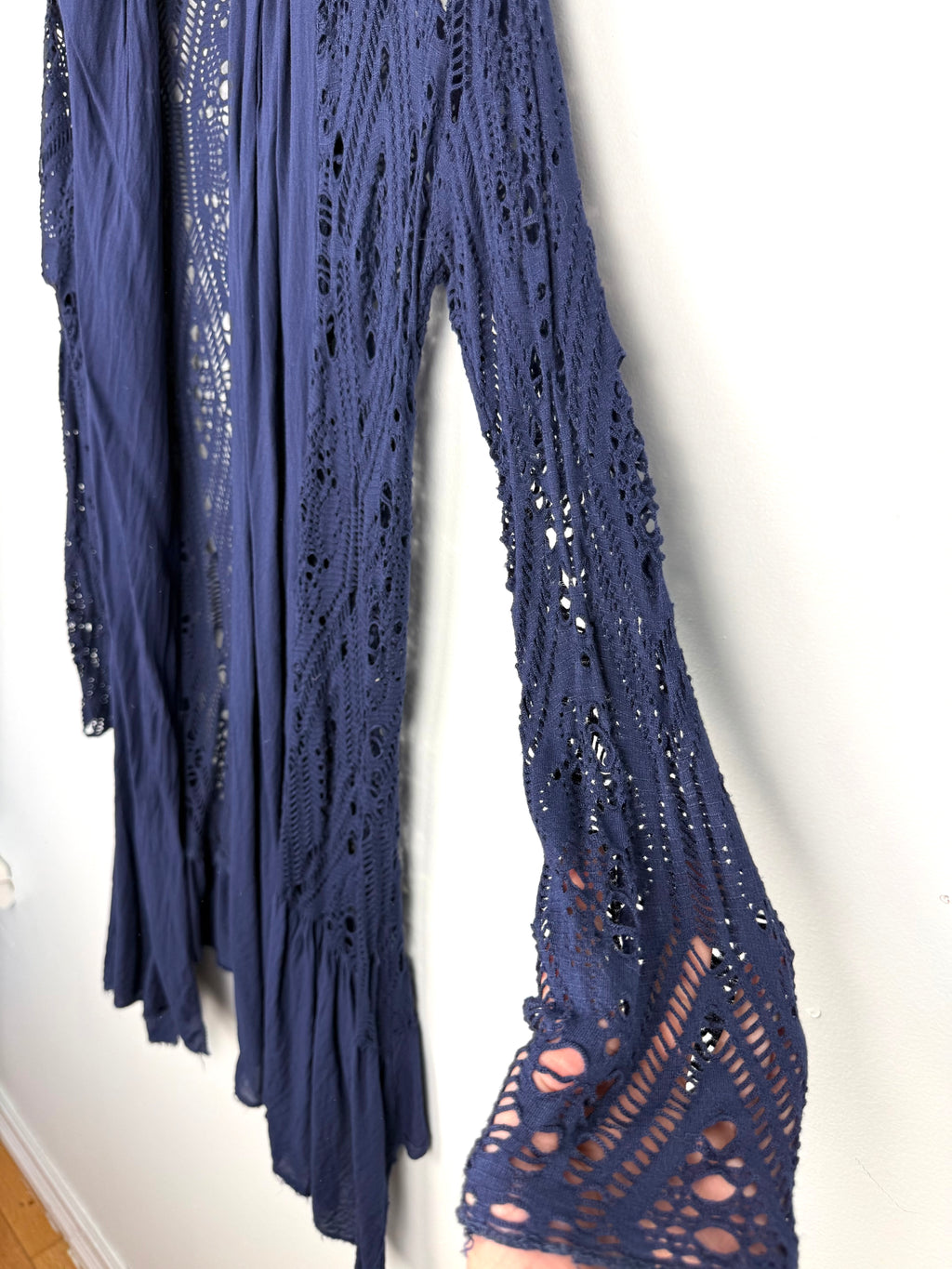 mesh sleeve detail on side of Navy Boho Crochet Open Front Cardigan | Size S at Blue Sparrow Shop