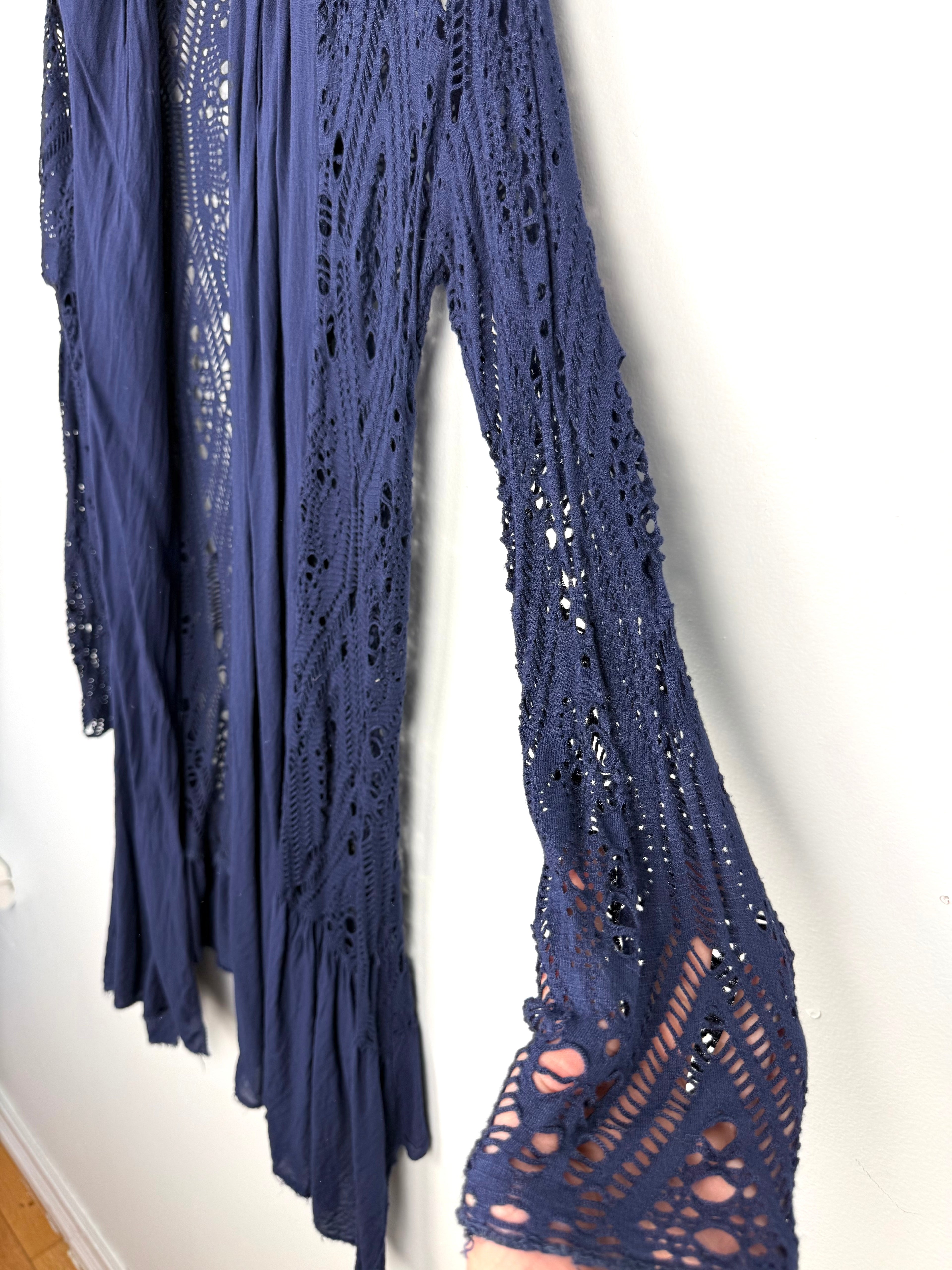 mesh sleeve detail on side of Navy Boho Crochet Open Front Cardigan | Size S at Blue Sparrow Shop