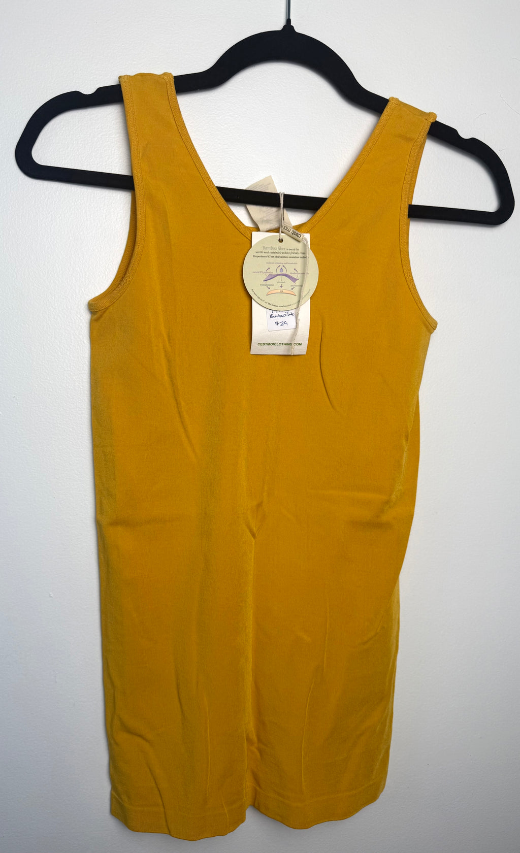 mustard coloured Bamboo Tank top by C'est Moi at Blue Sparrow Shop  on hanger