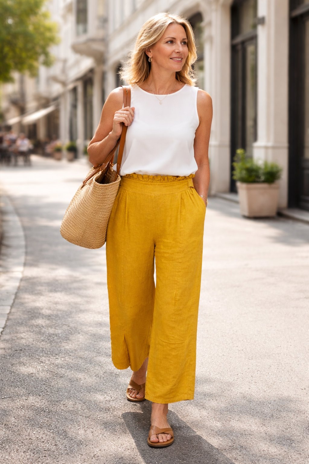 Alessia Santi Linen Pants | Size L at Blue Sparrow Shop on woman walking outside
