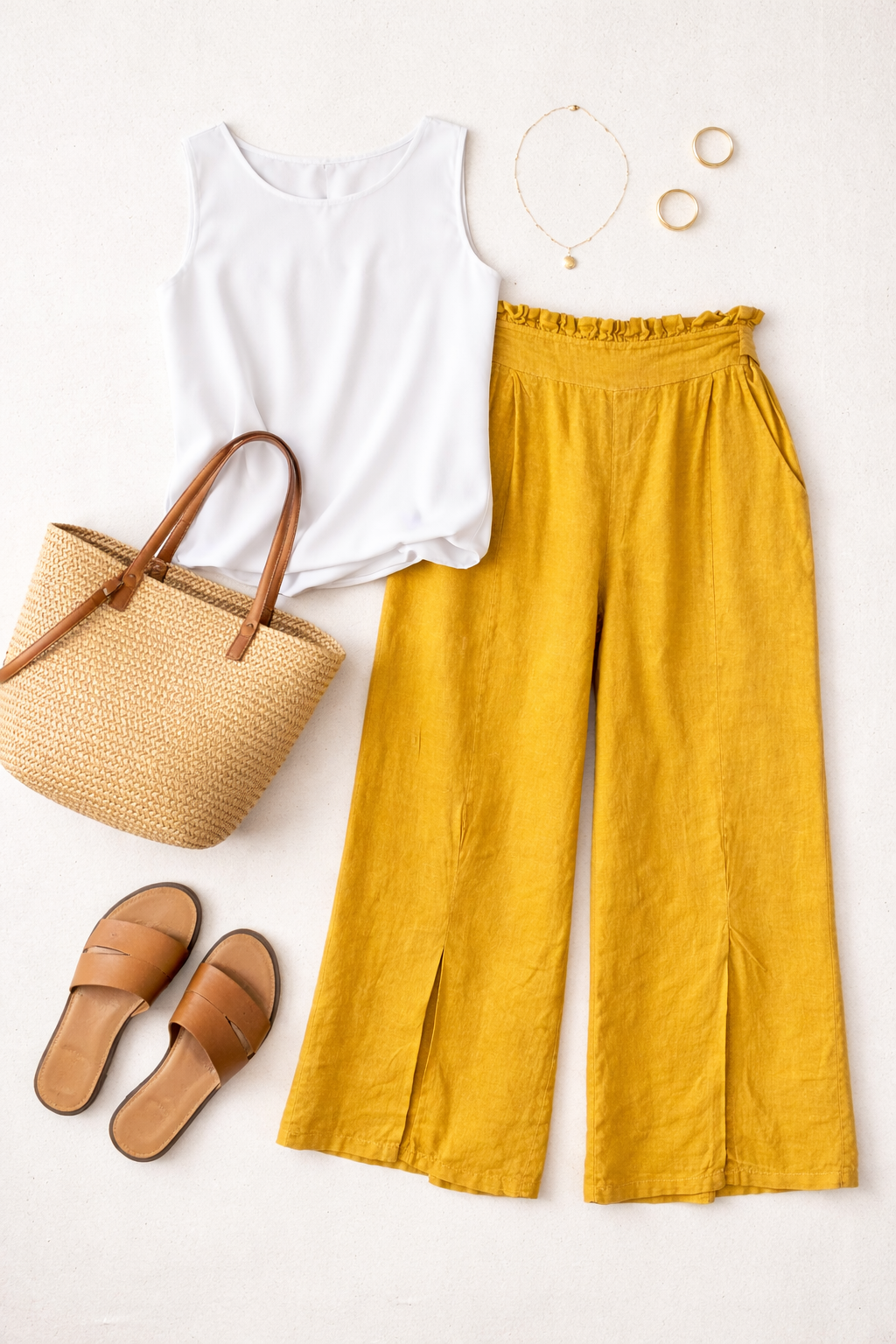 Alessia Santi Linen Pants | Size L at Blue Sparrow Shop on flatlay with tank top, bag, shoes
