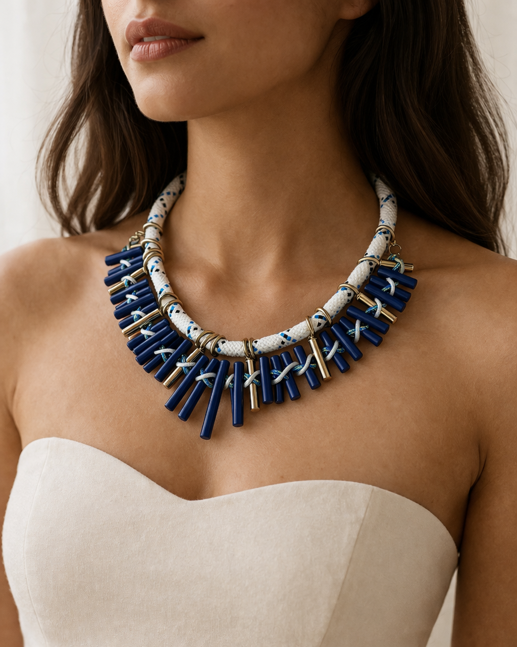 Nautical Boho Bib Necklace at Blue Sparrow Shop on woman in dress