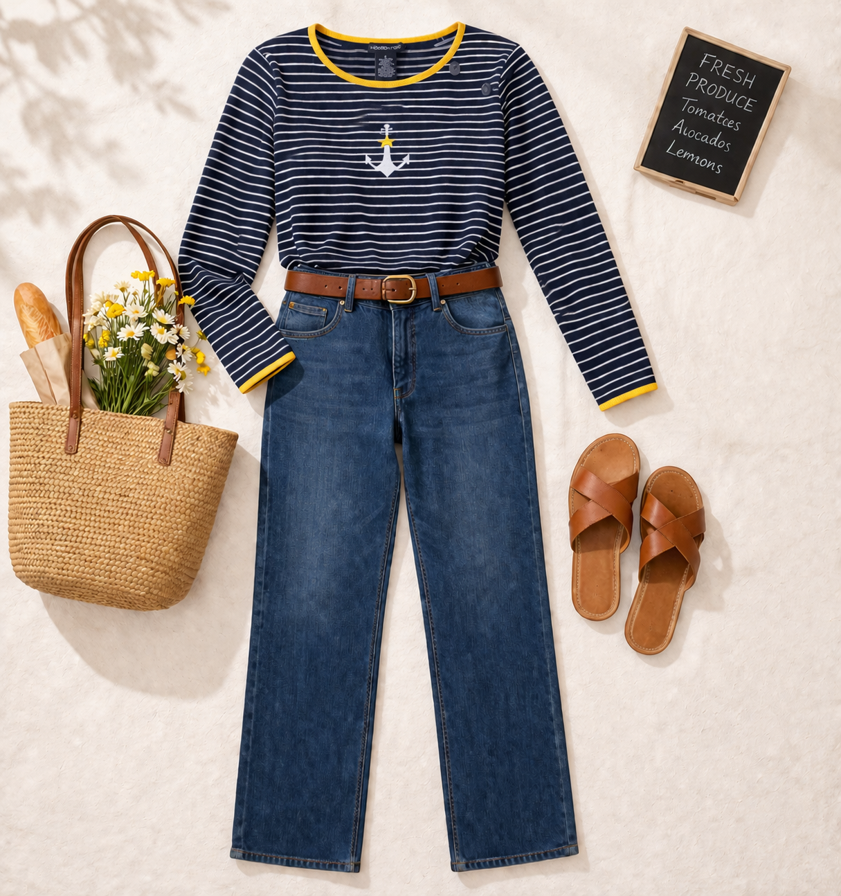 Nautical Pullover Sweater | Size L at Blue Sparrow Shop  on flatlay with jeans, sandals, bag 