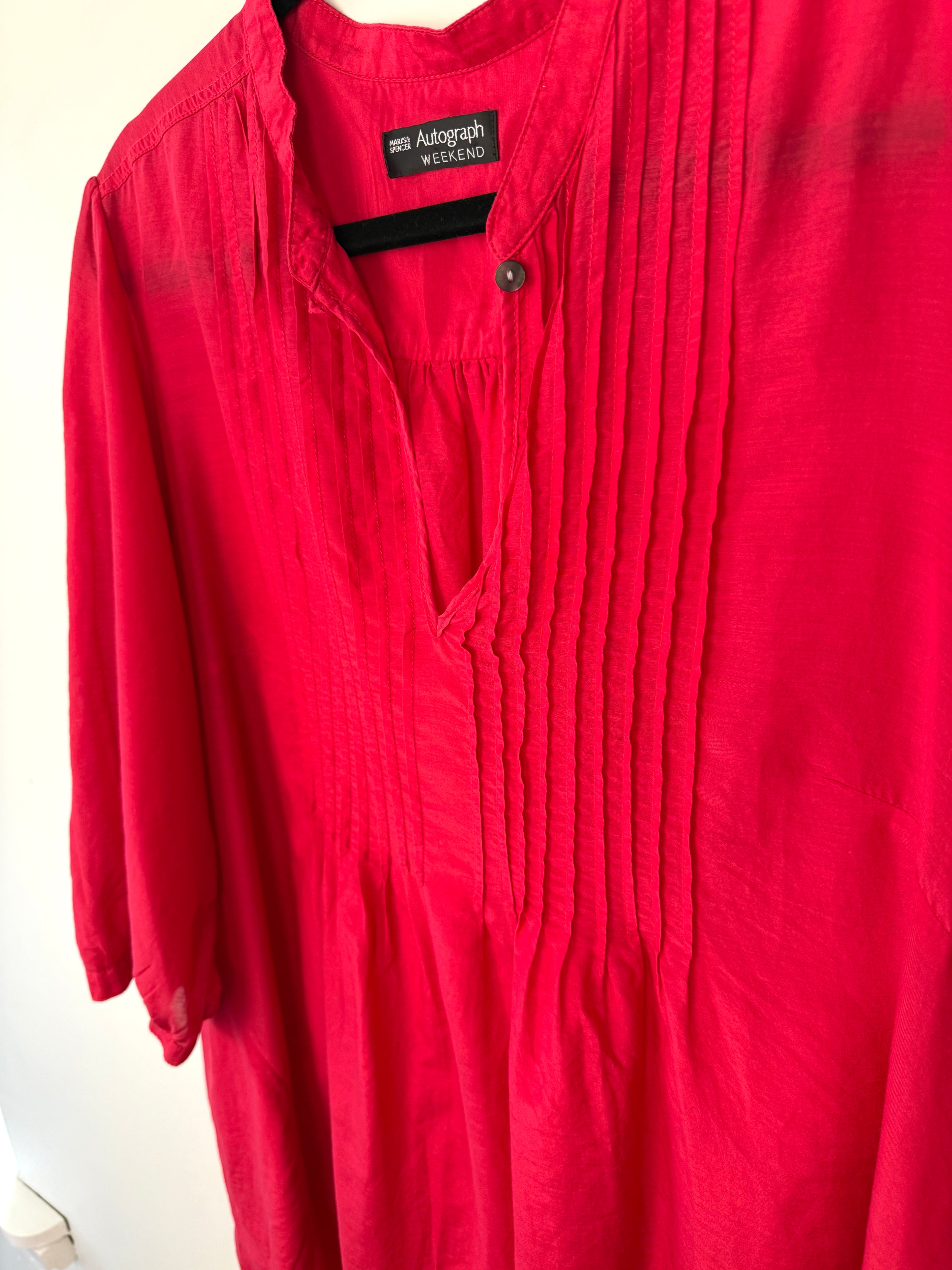 neckline and bust detail on Marks & Spencer Autograph Cotton Silk Pintuck Tunic — Cyclamen Pink | 3/4 Sleeve | UK 20 (CDN 2X/18-20) at Blue Sparrow Shop 