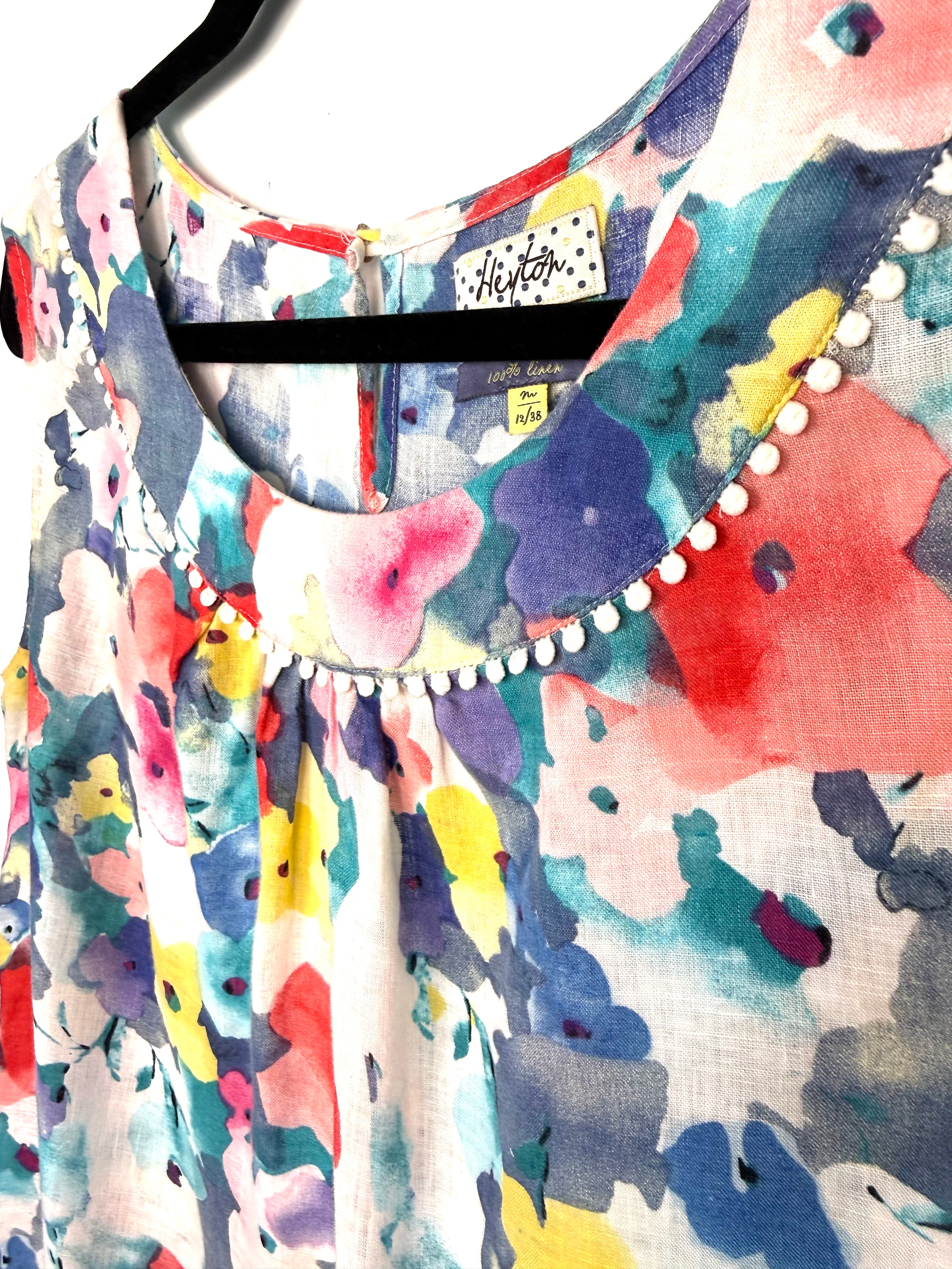 neckline detail on Heyton 100% Linen Watercolour Floral Shell Top — Pom-Pom Neckline | Size 12 at Blue Sparrow Shop 