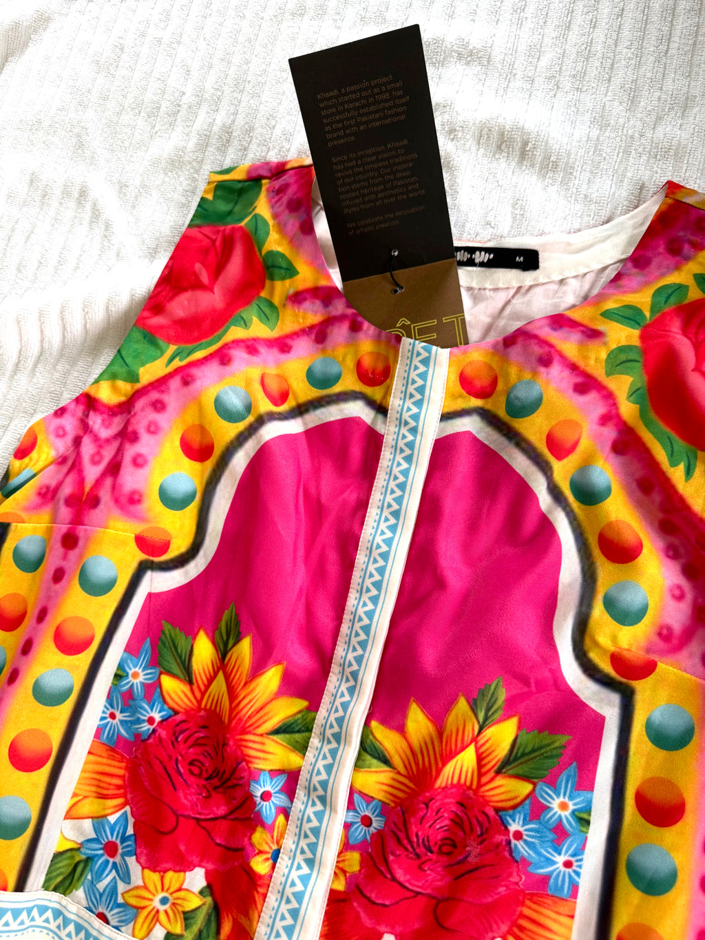 new tags on inside button detail on collar and bust detail on NWT Khaadi Colourful Floral Sleeveless Dress | Statement Summer Dress | Size M at Blue Sparrow Shop 