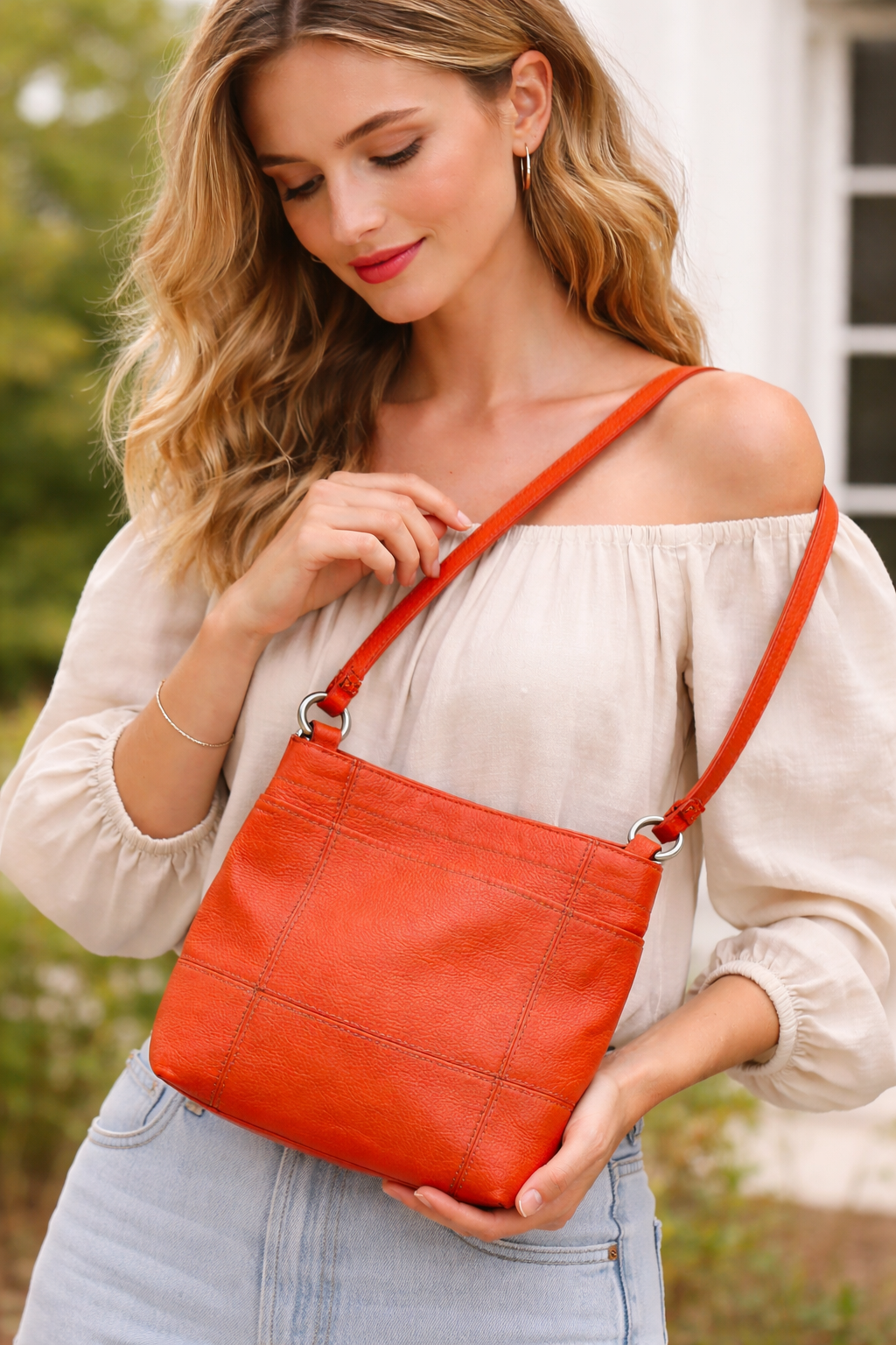 Clarks Orange Pebbled Leather Shoulder Bag at Blue Sparrow Shop