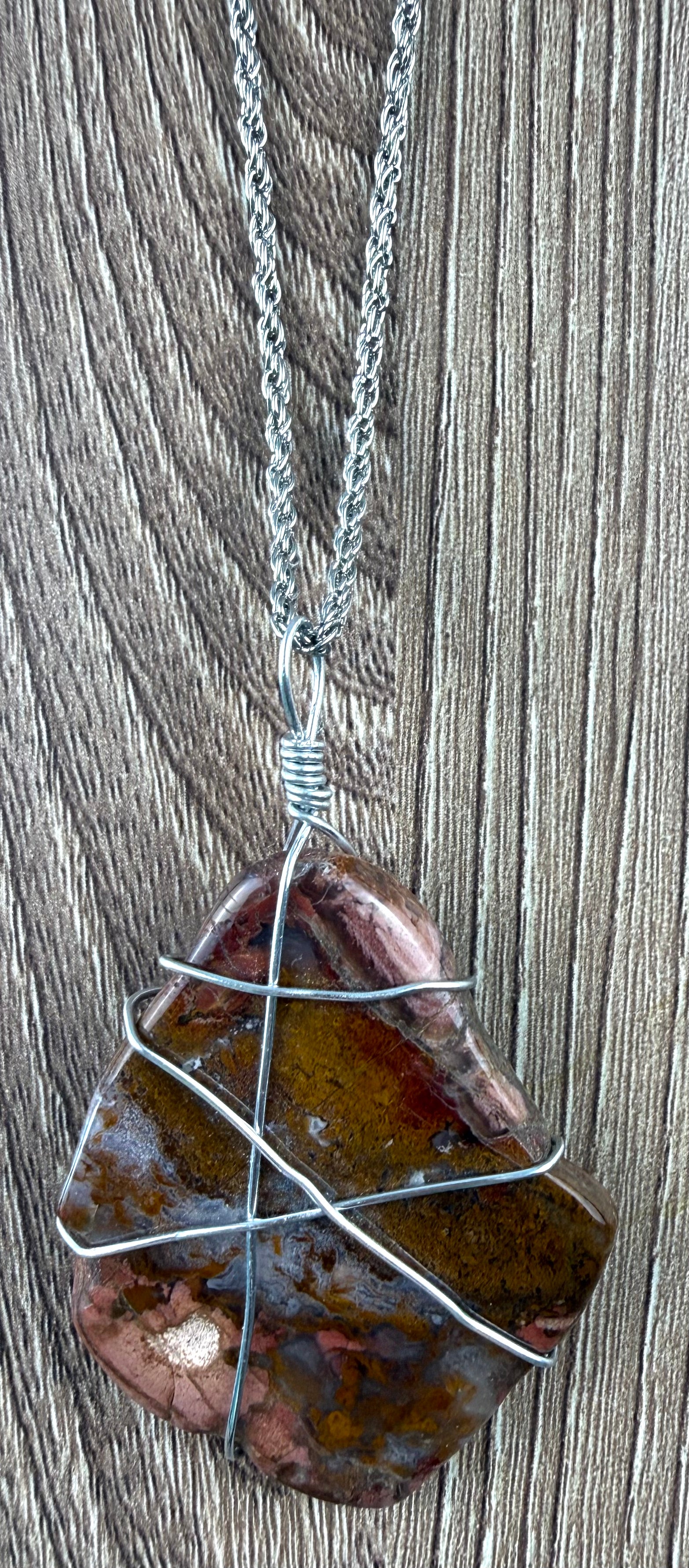 other side of pendant on Handcrafted wire-wrapped genuine jasper stone pendant necklace on silver rope chain at Blue Sparrow Shop -