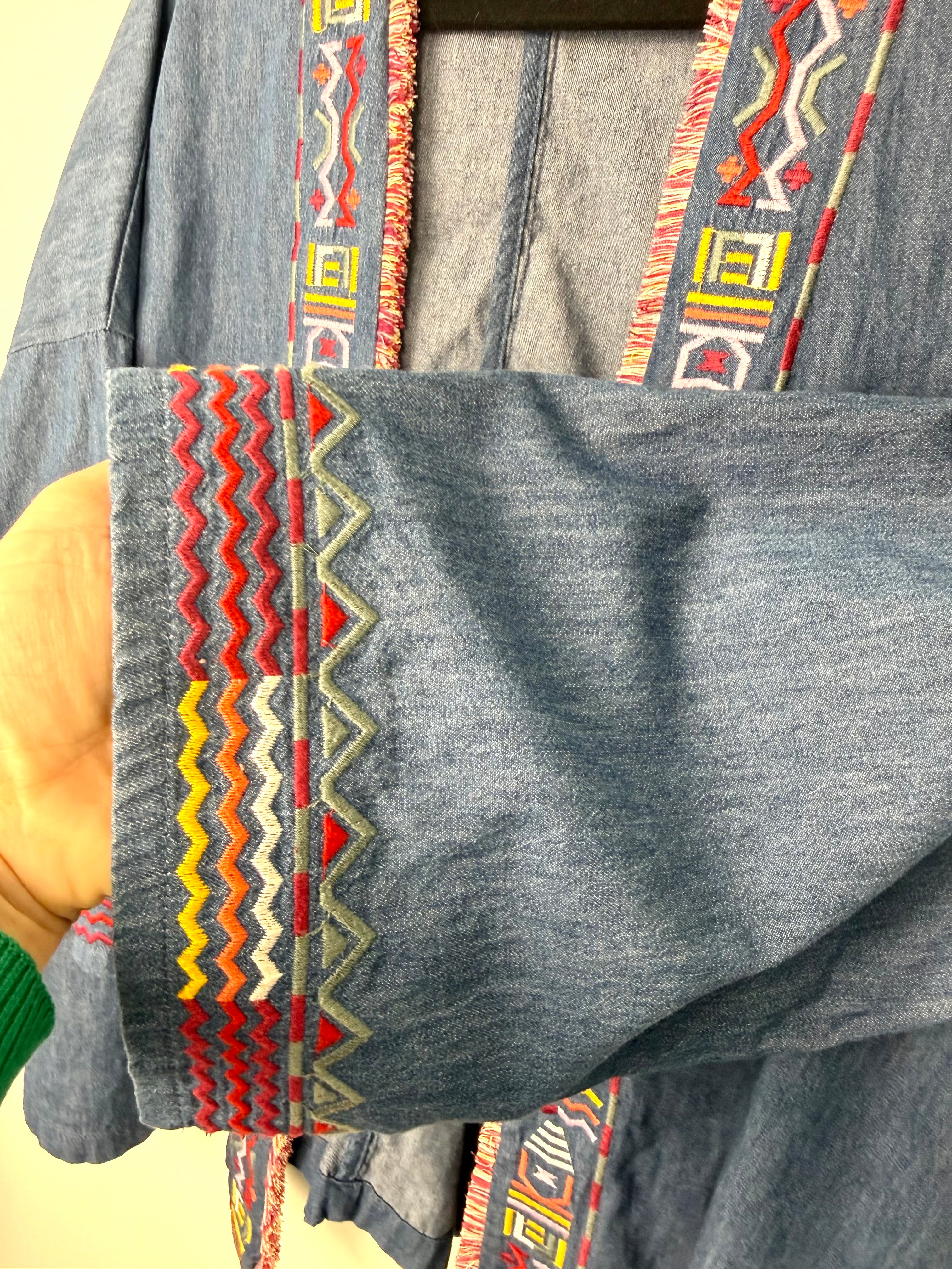 oversized denim jacket with southwestern patterned detail on trim  showing close up of cuff