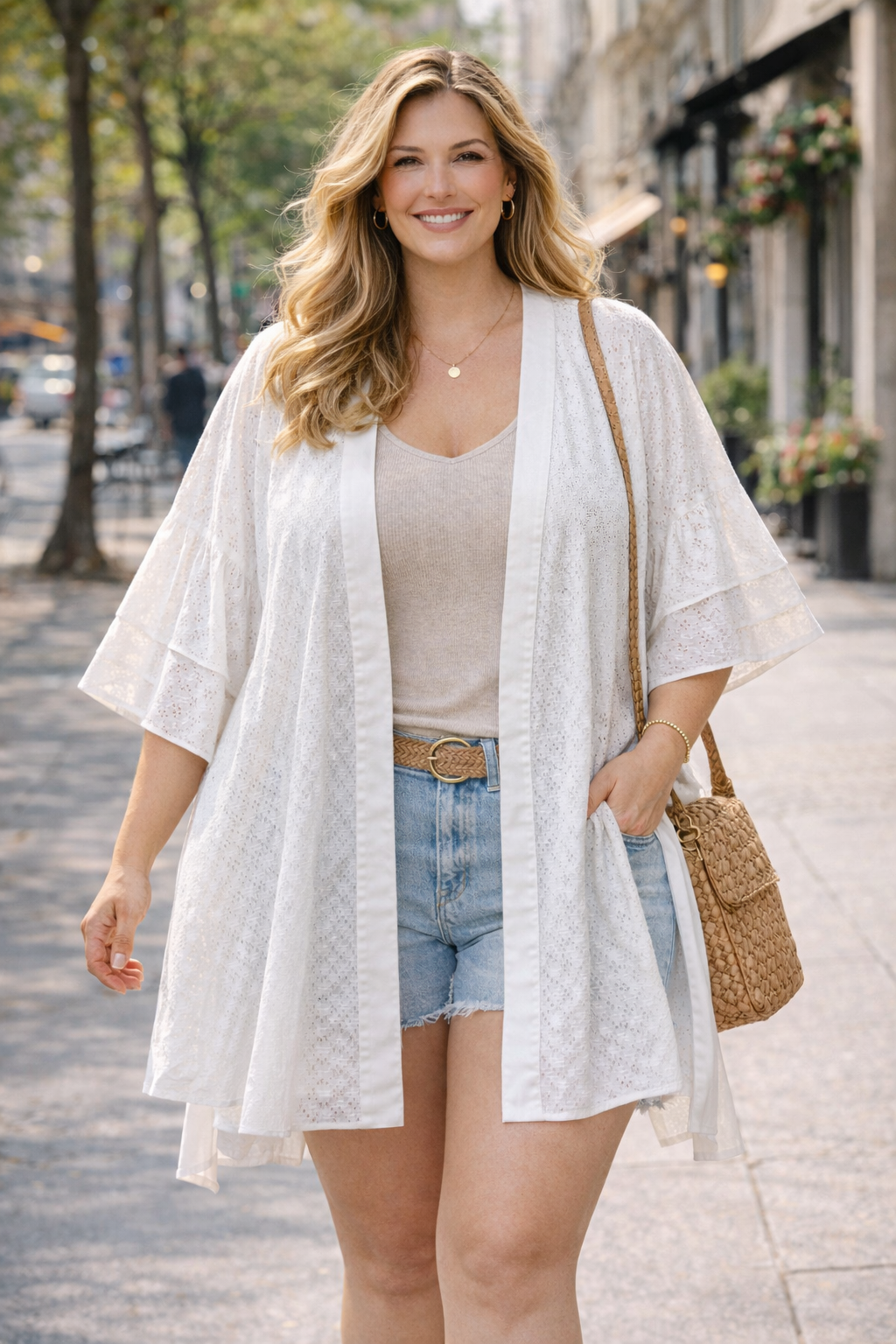 oversized white eyelet kimono at Blue Sparrow Shop on woman walking outside 